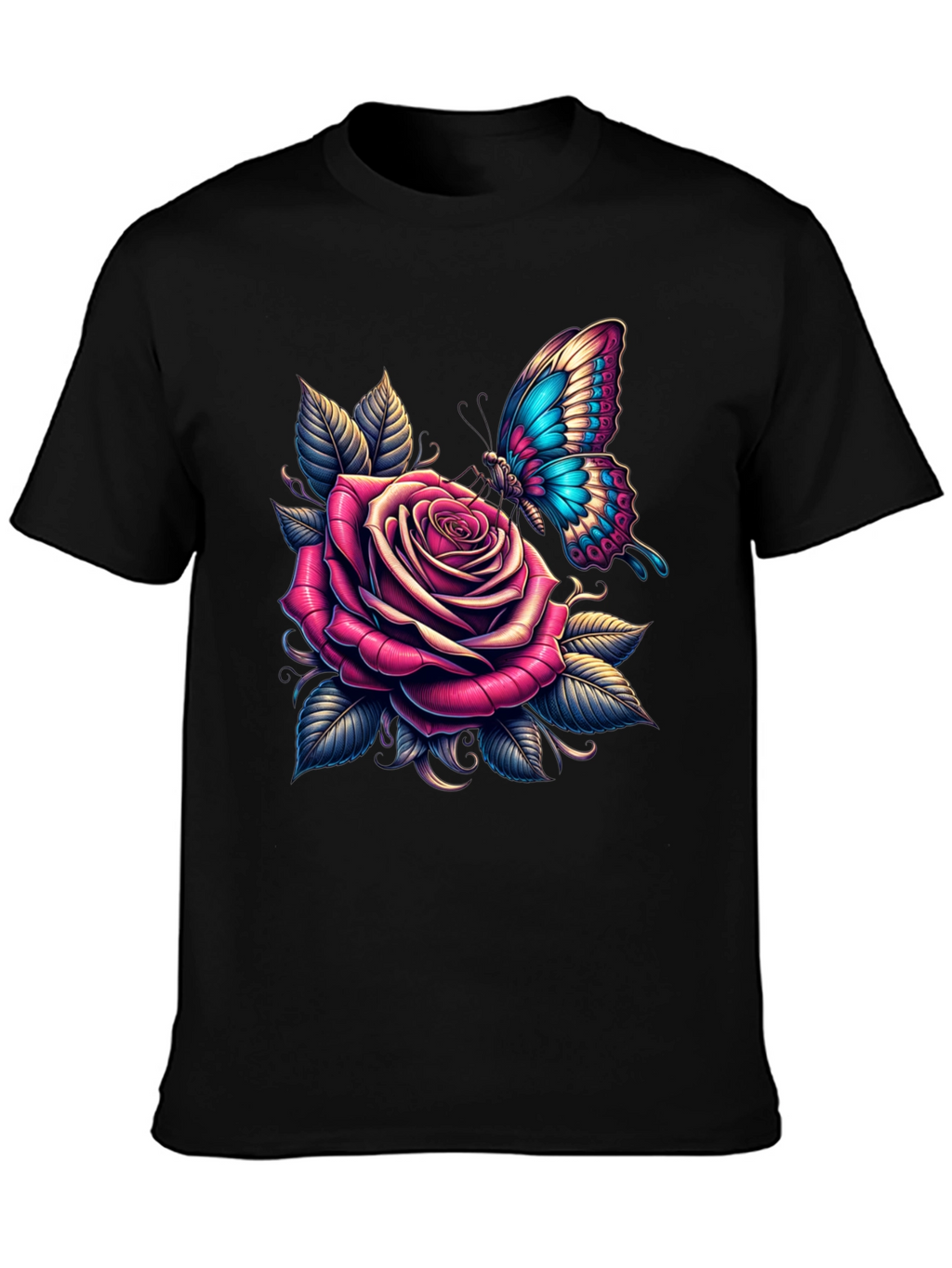 Rose & Butterfly Graphic Tee - Stylish Black T-Shirt
