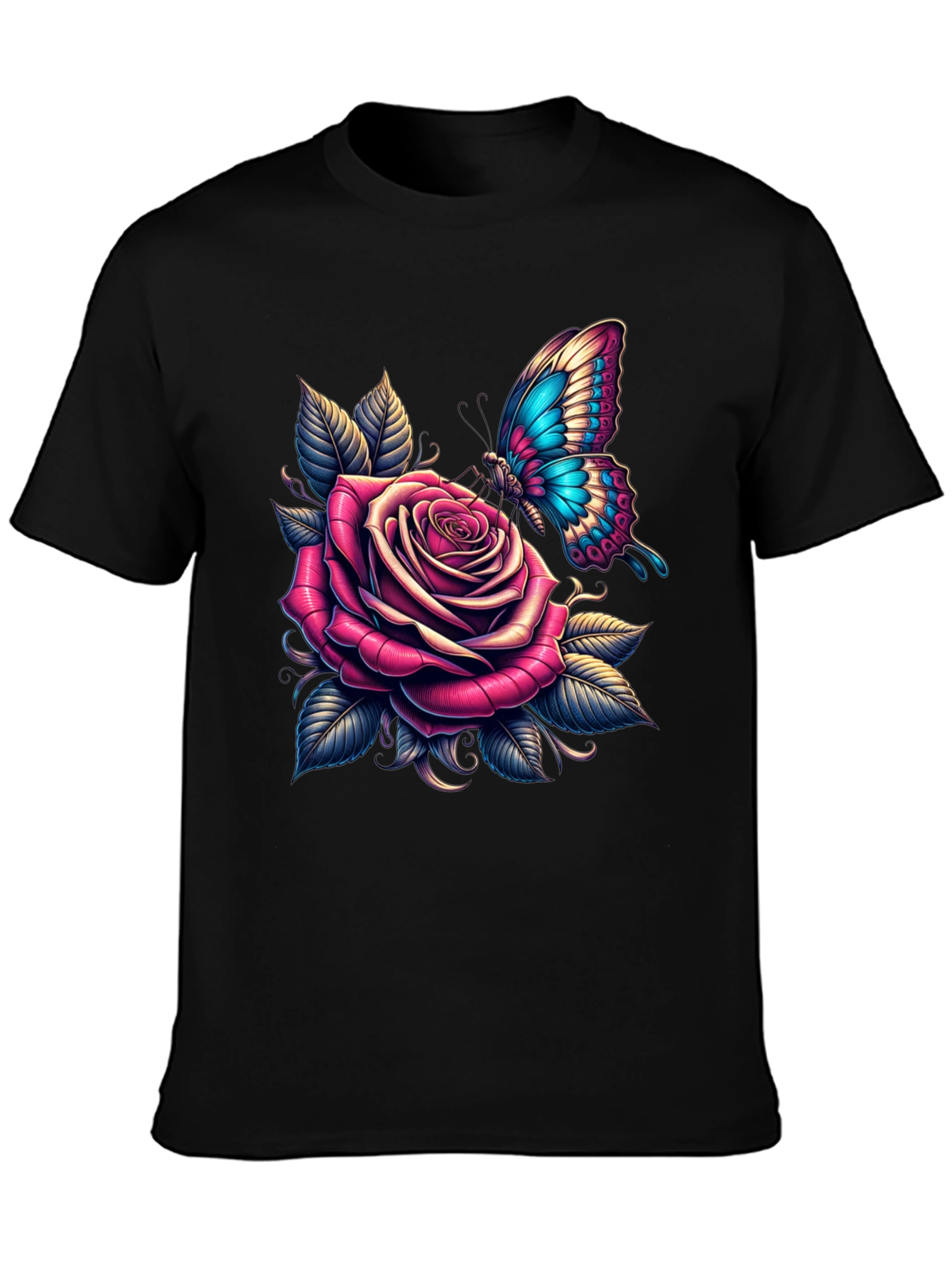 Rose & Butterfly Graphic Tee - Stylish Black T-Shirt