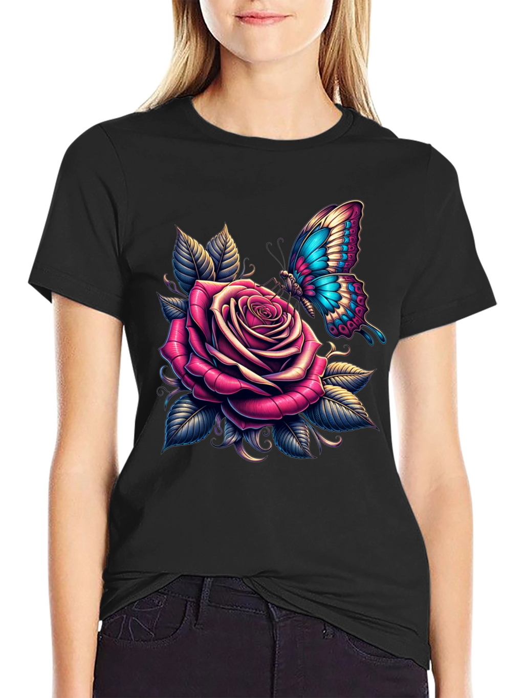 Rose & Butterfly Graphic Tee - Stylish Black T-Shirt