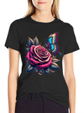 Rose & Butterfly Graphic Tee - Stylish Black T-Shirt