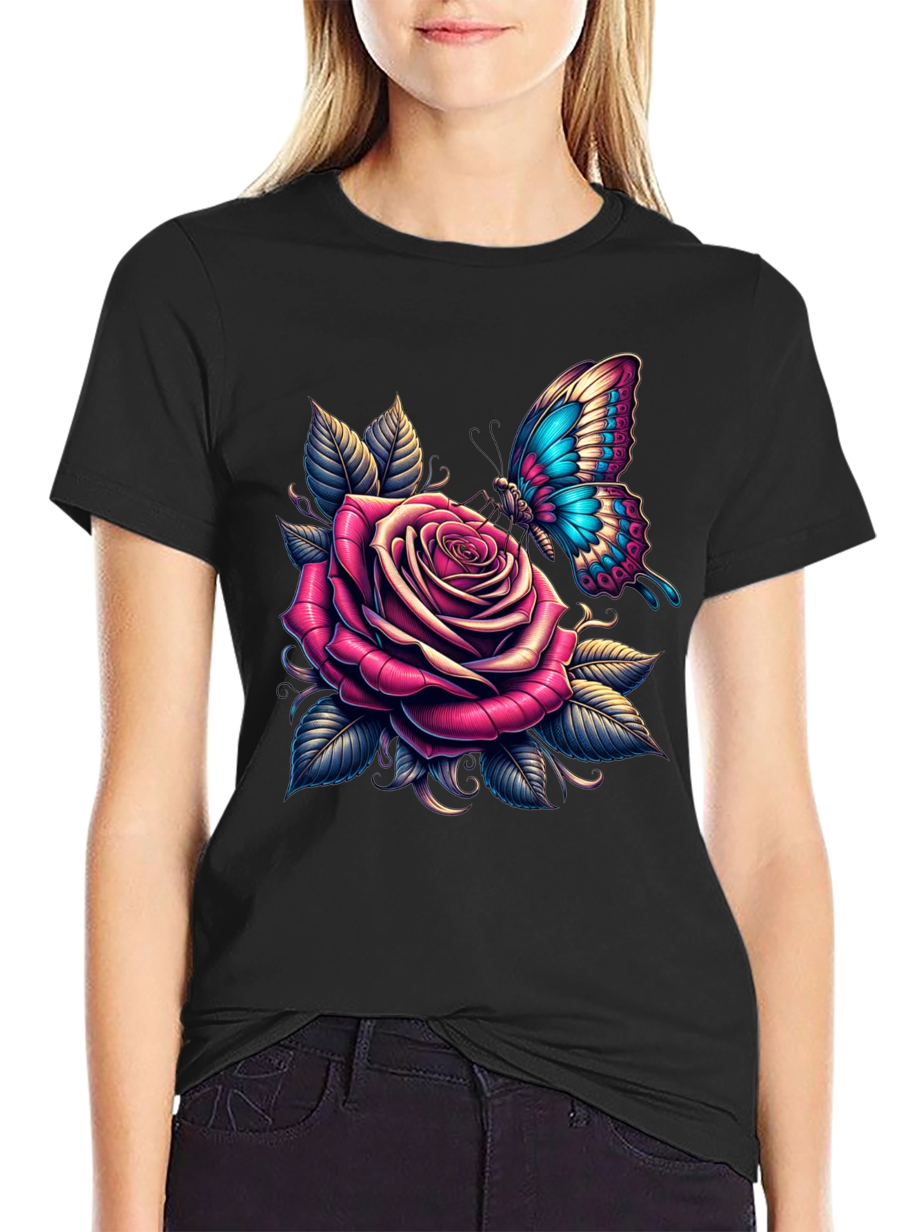 Rose & Butterfly Graphic Tee - Stylish Black T-Shirt