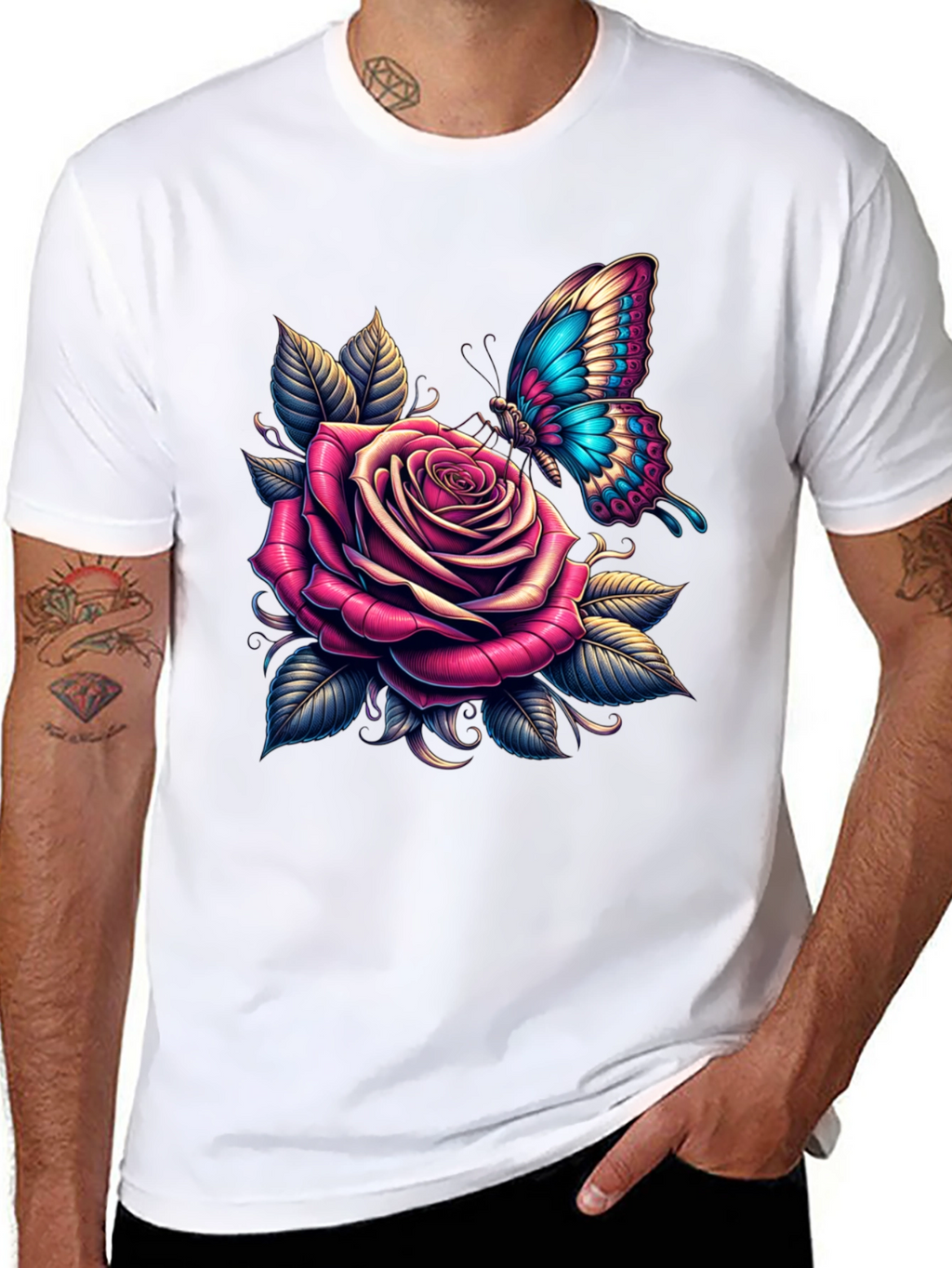 Rose & Butterfly Graphic Tee - Stylish Black T-Shirt