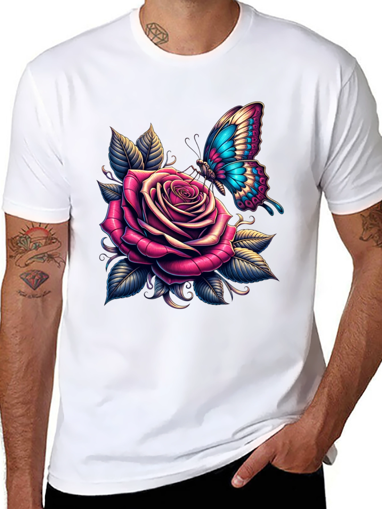 Rose & Butterfly Graphic Tee - Stylish Black T-Shirt