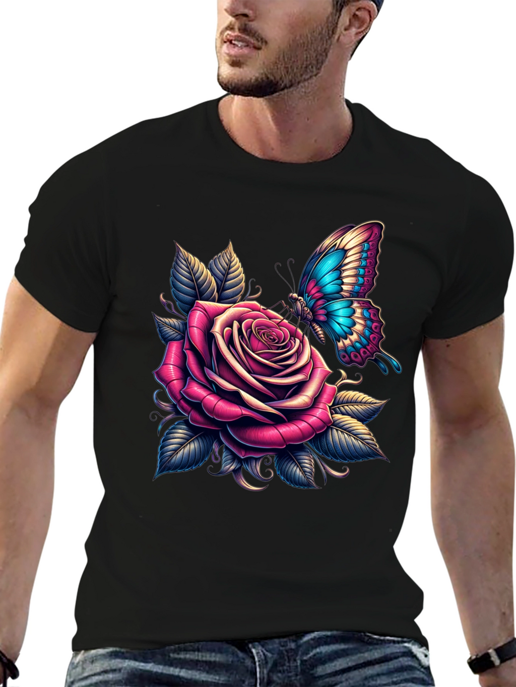 Rose & Butterfly Graphic Tee - Stylish Black T-Shirt