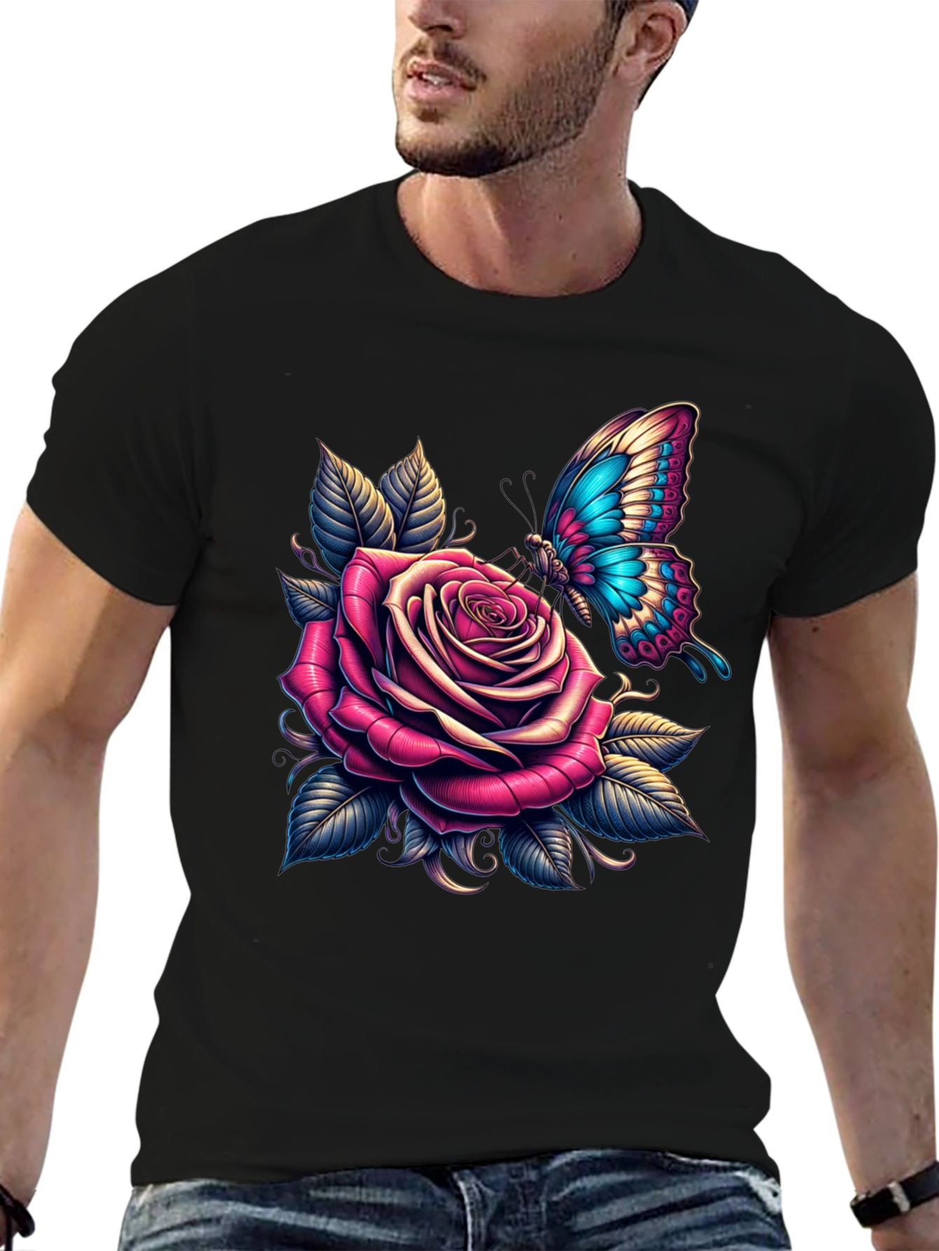 Rose & Butterfly Graphic Tee - Stylish Black T-Shirt