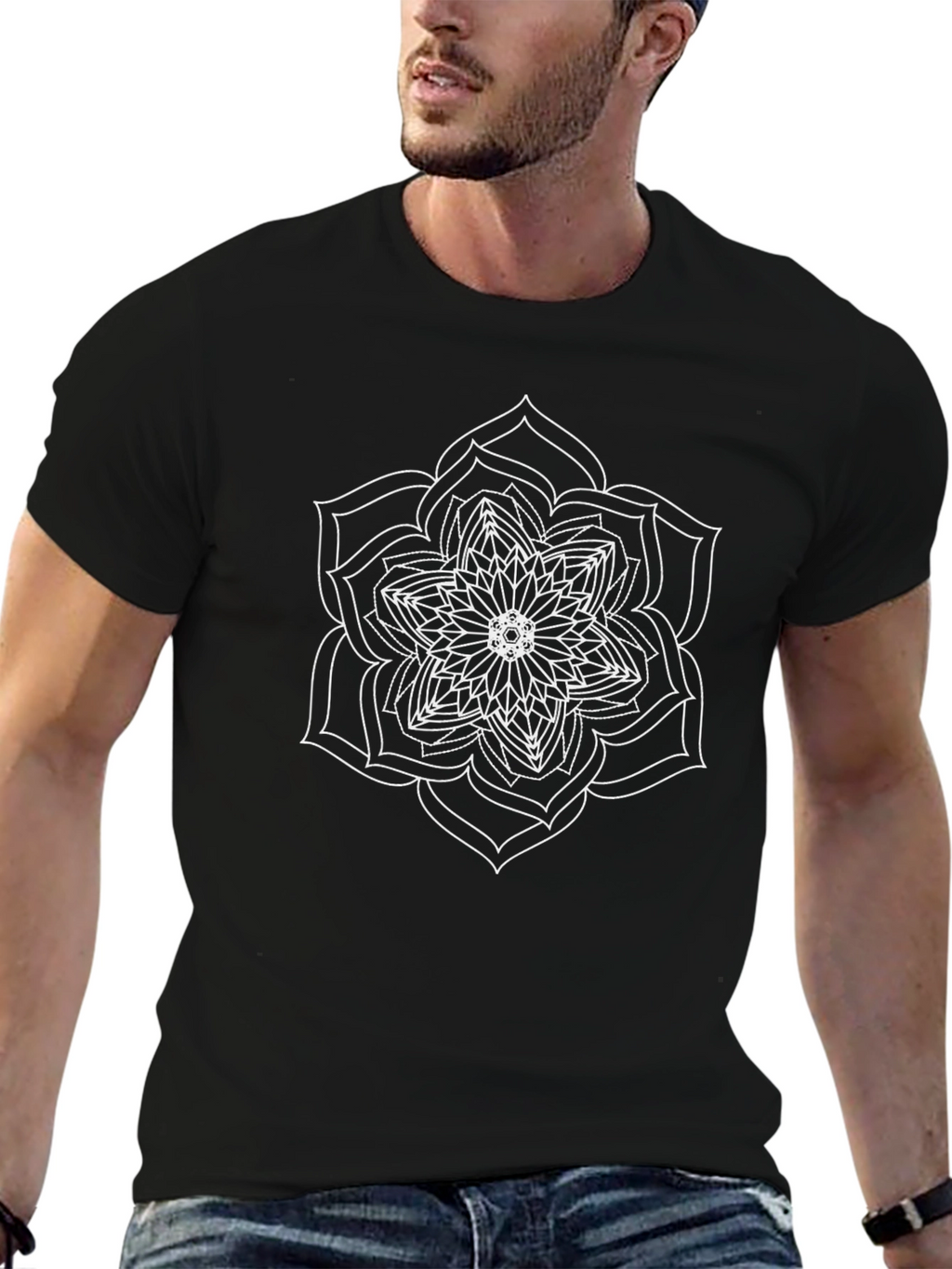 Black T-Shirt with White Mandala Design
