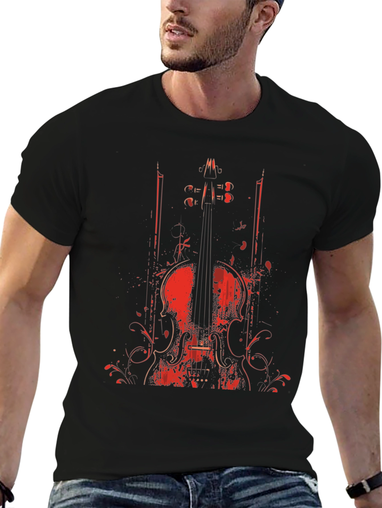 Violin Graphic Print Crew Neck T-Shirt