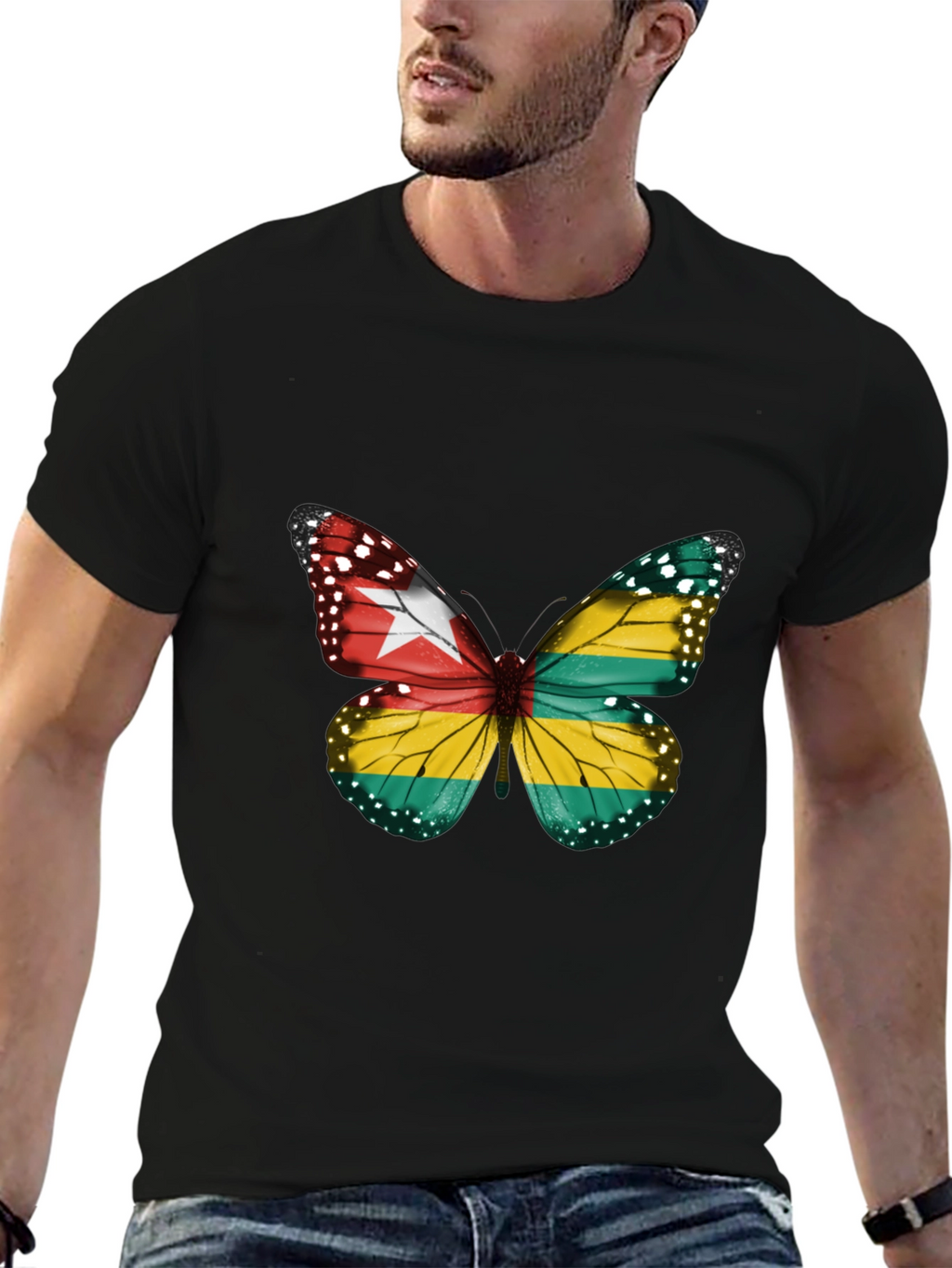 Togo Flag Butterfly Graphic Tee - Black Cotton T-Shirt