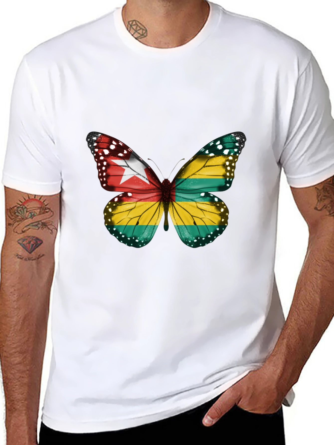 Togo Flag Butterfly Graphic Tee - Black Cotton T-Shirt