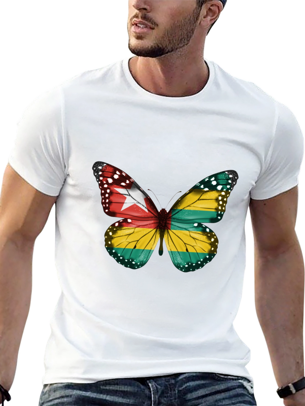 Togo Flag Butterfly Graphic Tee - Black Cotton T-Shirt