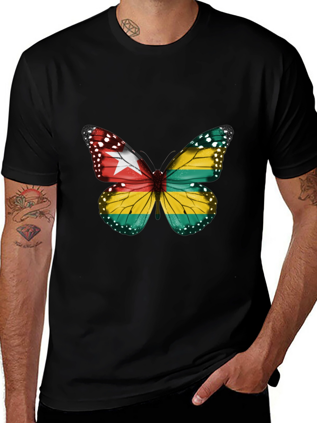 Togo Flag Butterfly Graphic Tee - Black Cotton T-Shirt