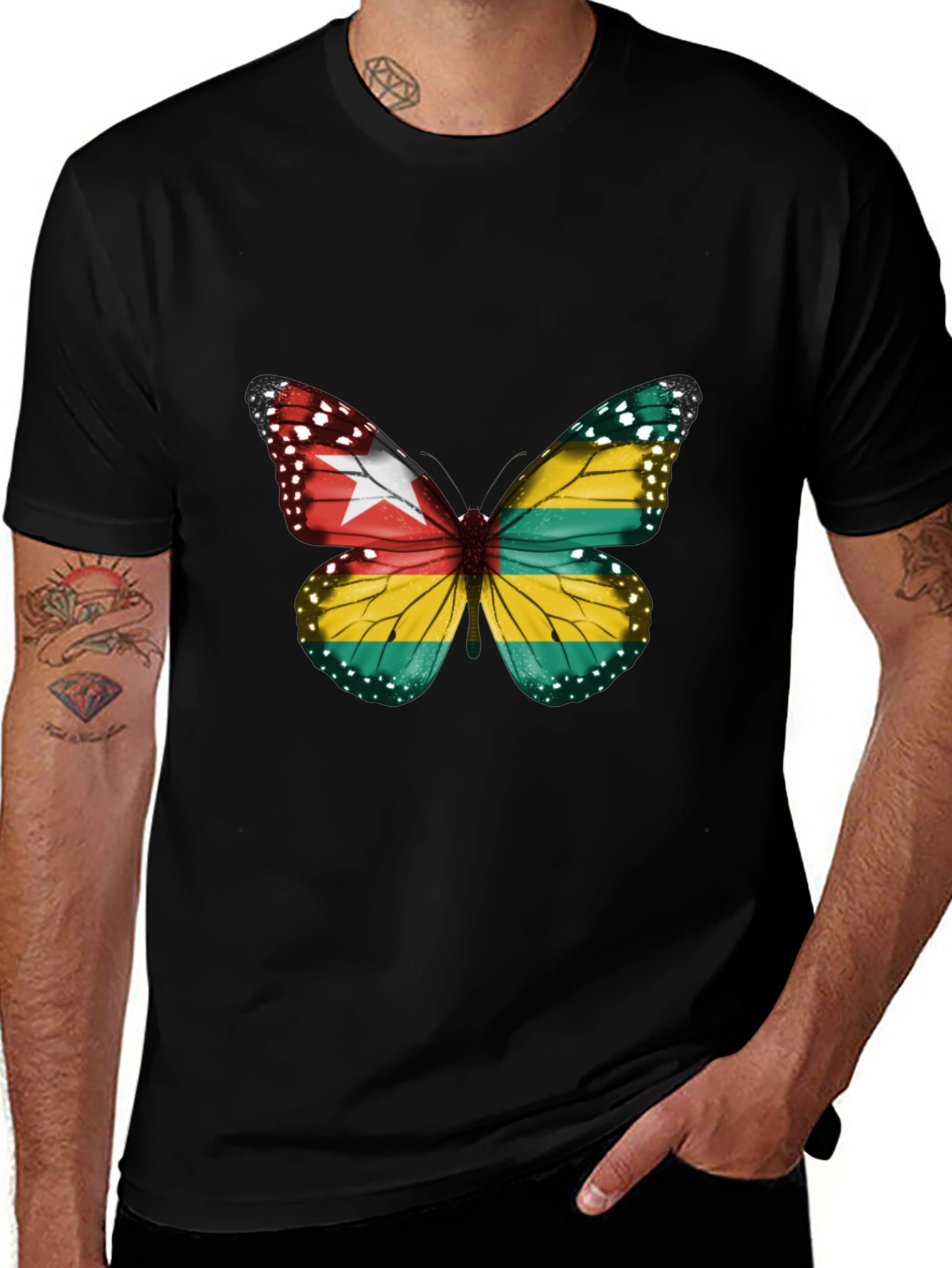 Togo Flag Butterfly Graphic Tee - Black Cotton T-Shirt