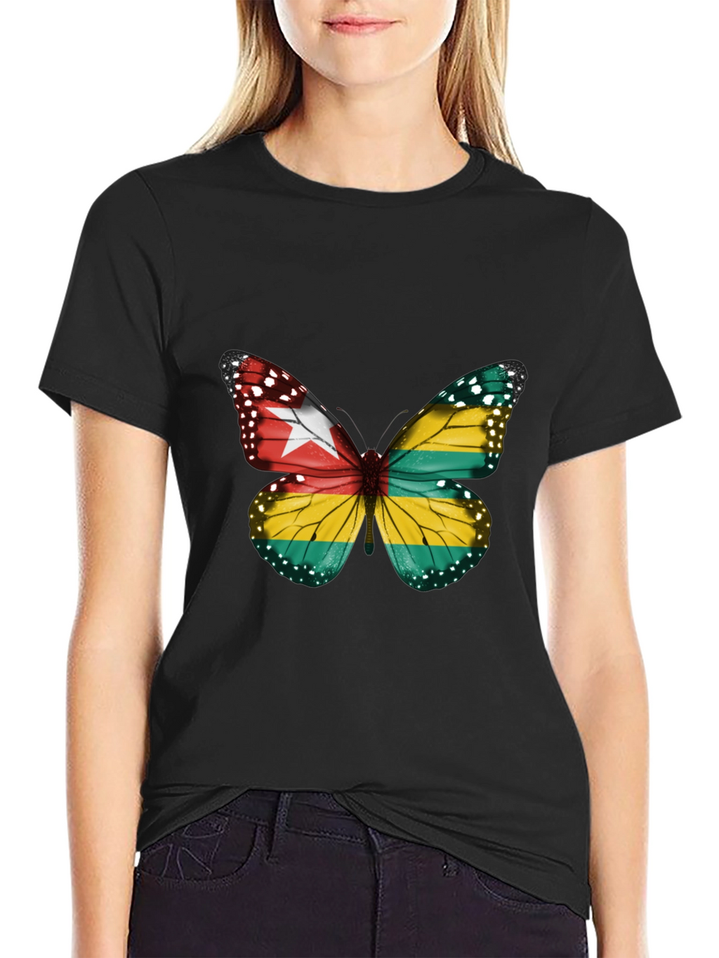 Togo Flag Butterfly Graphic Tee - Black Cotton T-Shirt
