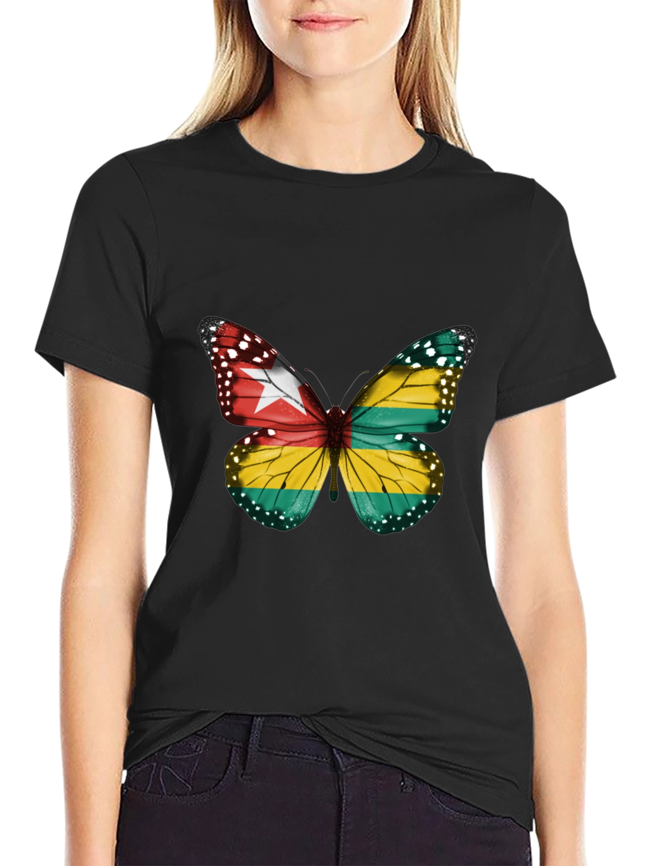 Togo Flag Butterfly Graphic Tee - Black Cotton T-Shirt