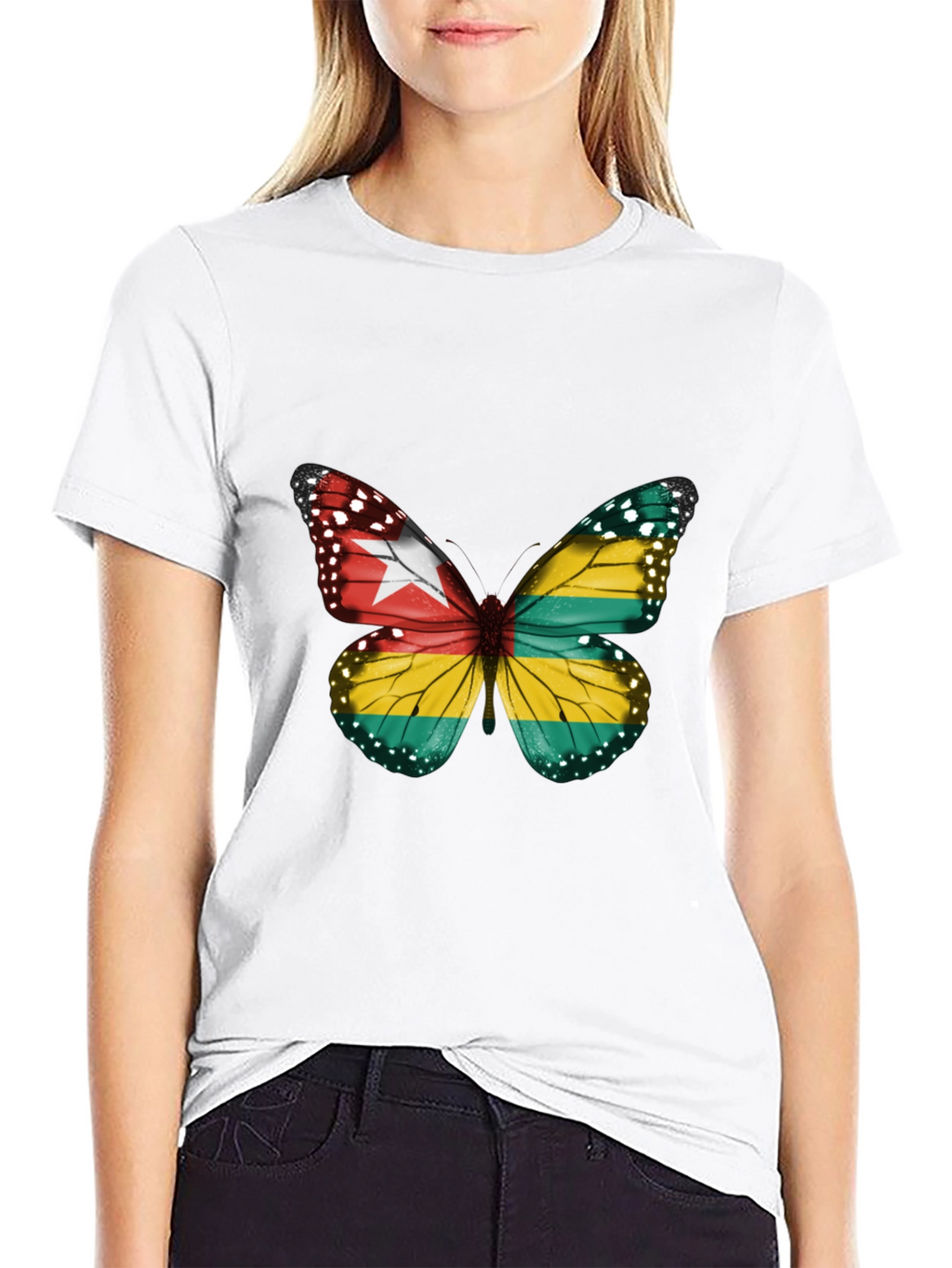 Togo Flag Butterfly Graphic Tee - Black Cotton T-Shirt