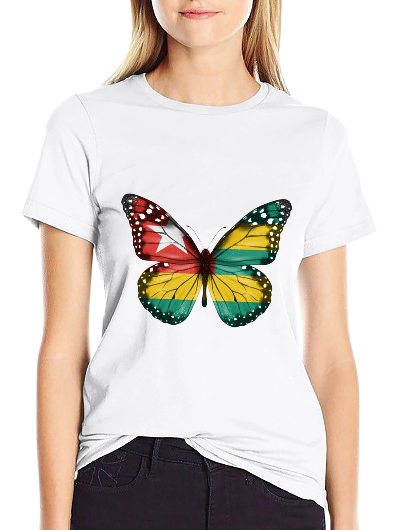 Togo Flag Butterfly Graphic Tee - Black Cotton T-Shirt