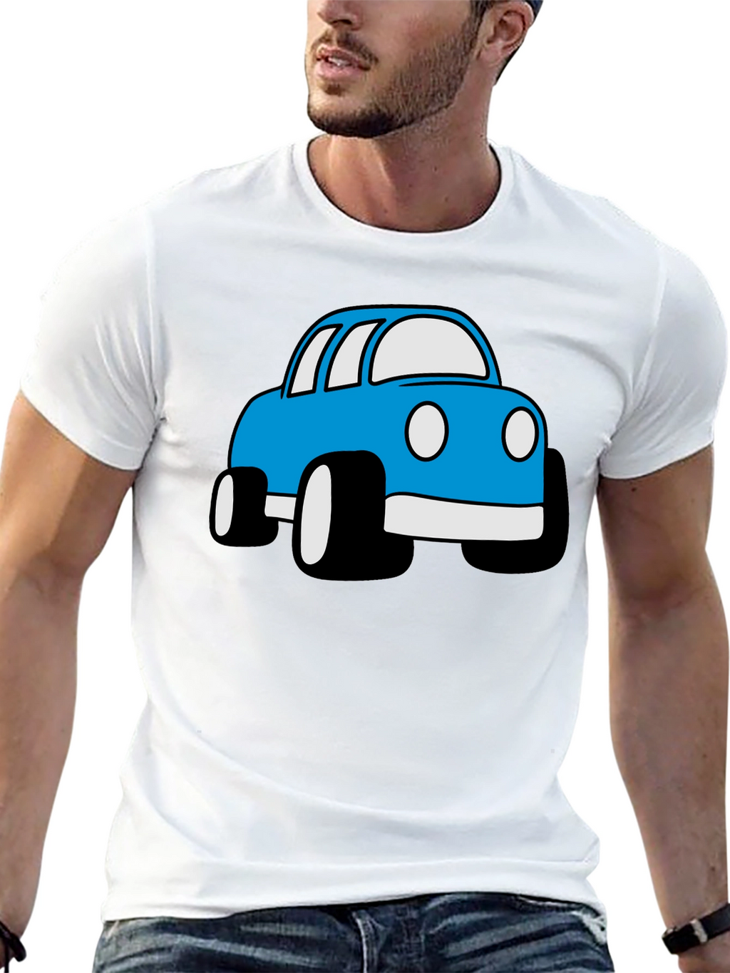Blue Cartoon Car Graphic Black T-Shirt
