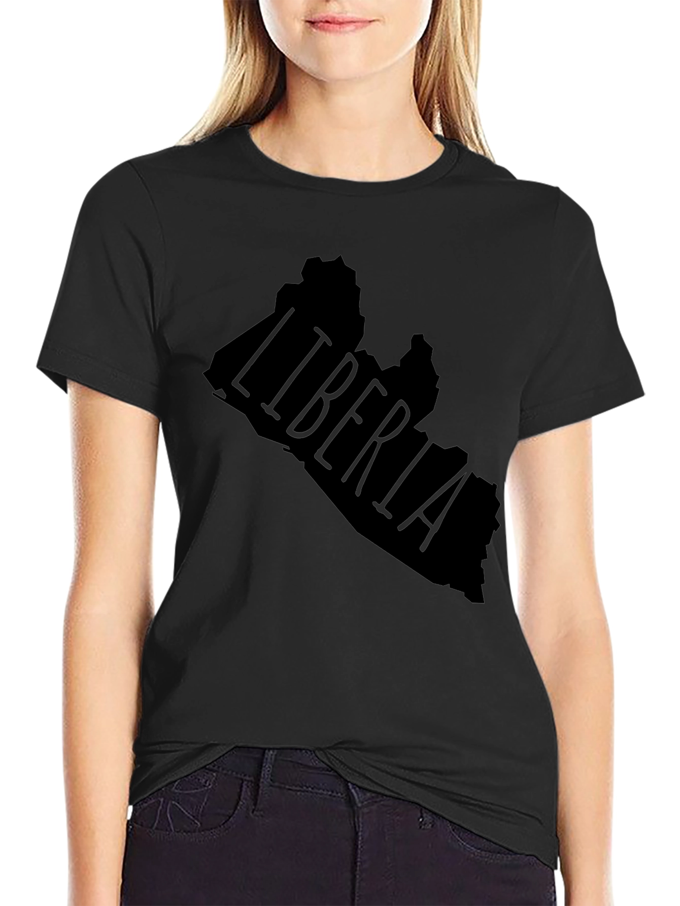 Liberia Map Graphic T-Shirt - Black Crew Neck Tee
