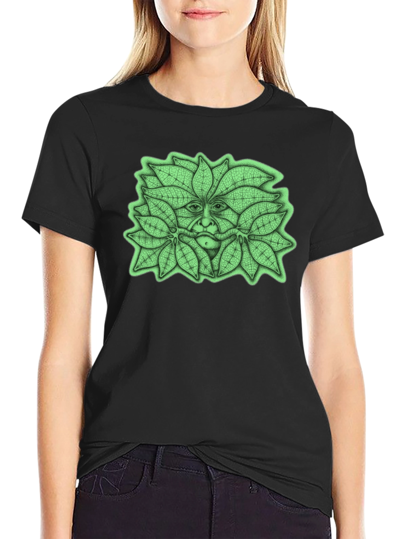 Green Man Leaf Face Graphic T-Shirt - Nature Inspired Tee