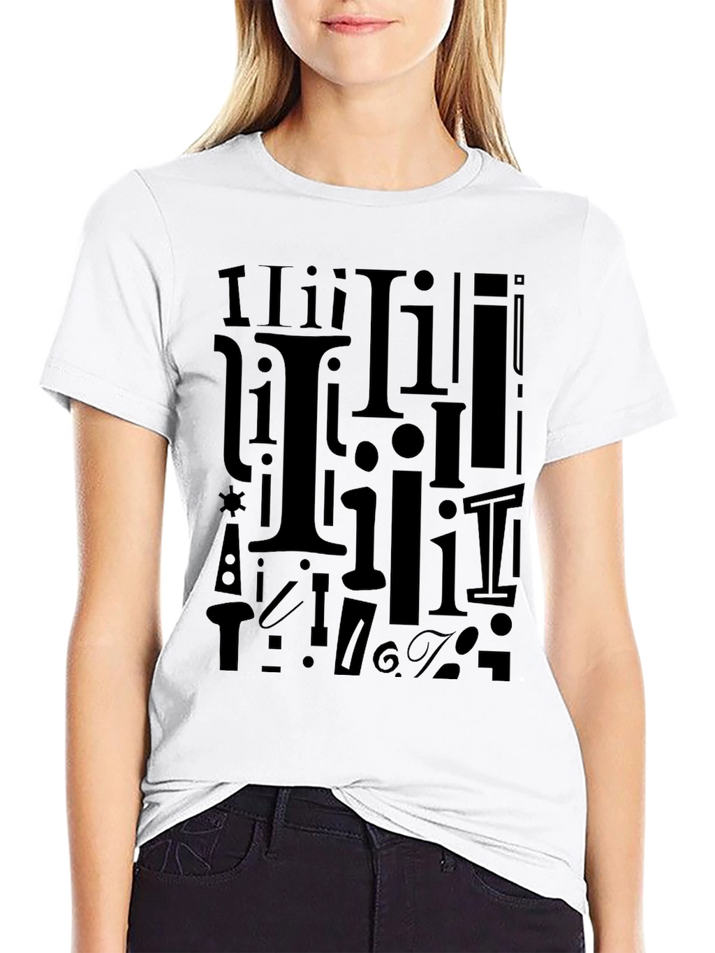 I Pattern Black Crew Neck T-Shirt