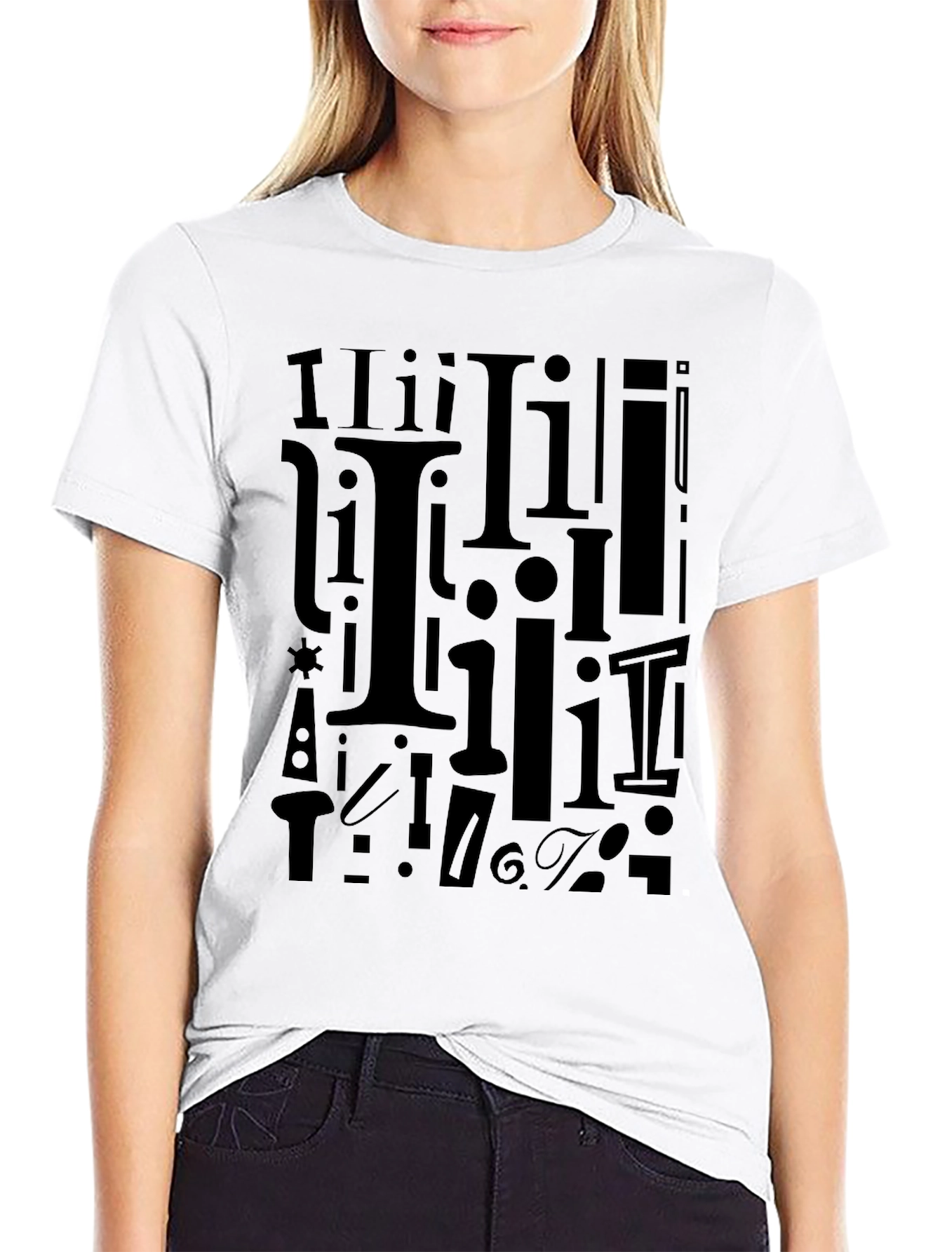I Pattern Black Crew Neck T-Shirt