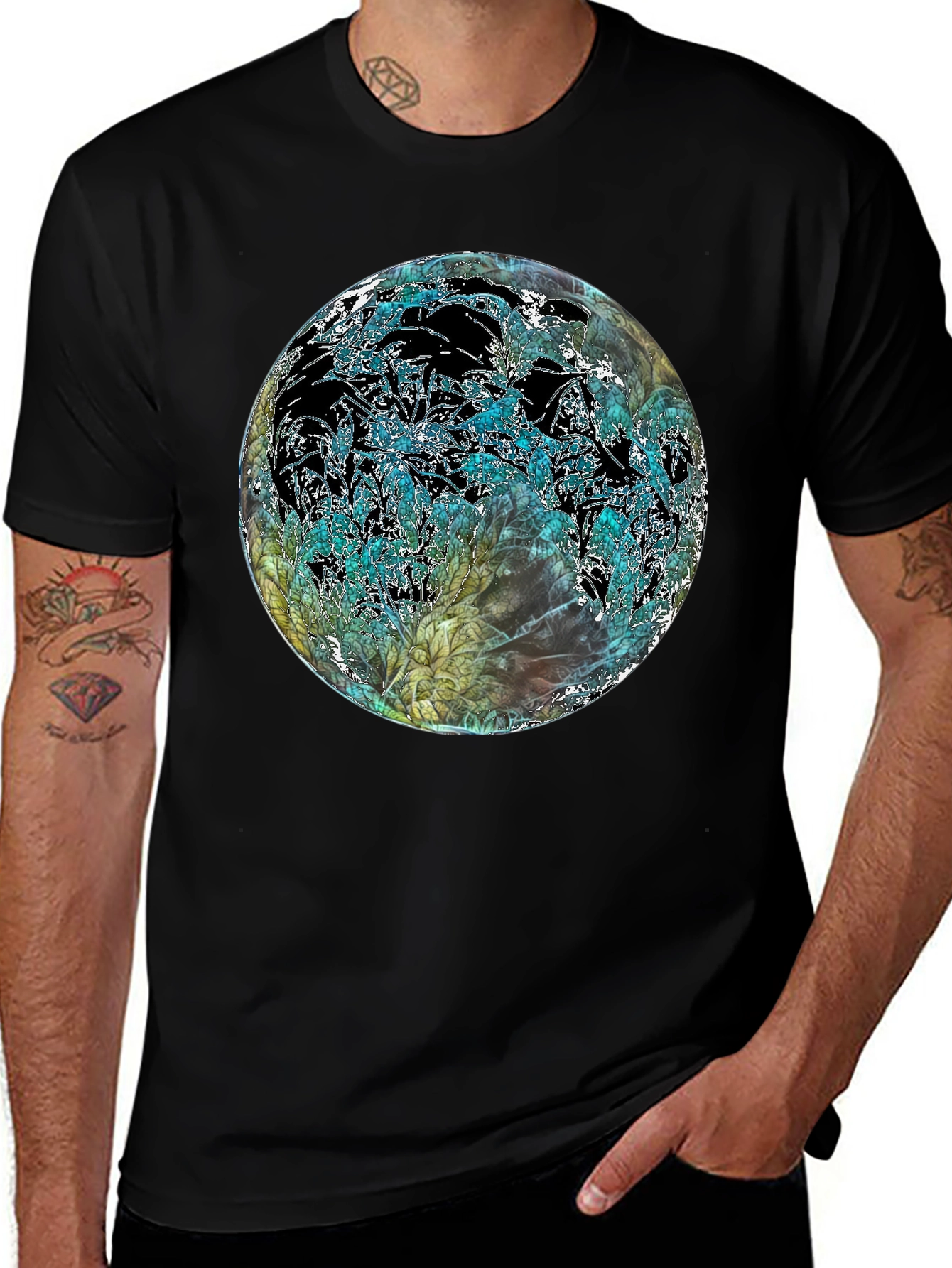 Abstract Floral Globe Black T-Shirt