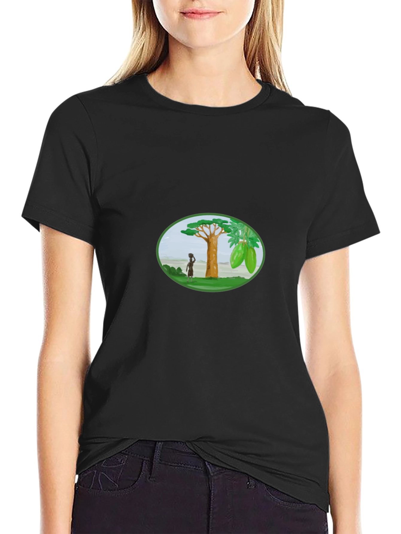 Black T-Shirt with Artistic Baobab Tree Design