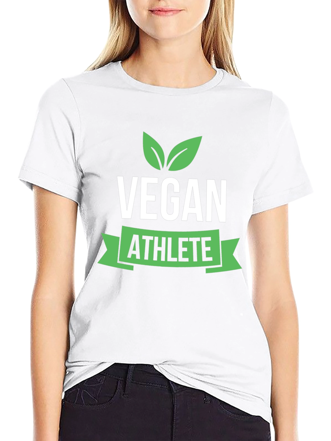 Vegan Athlete Black T-Shirt with Green Leaf Design
