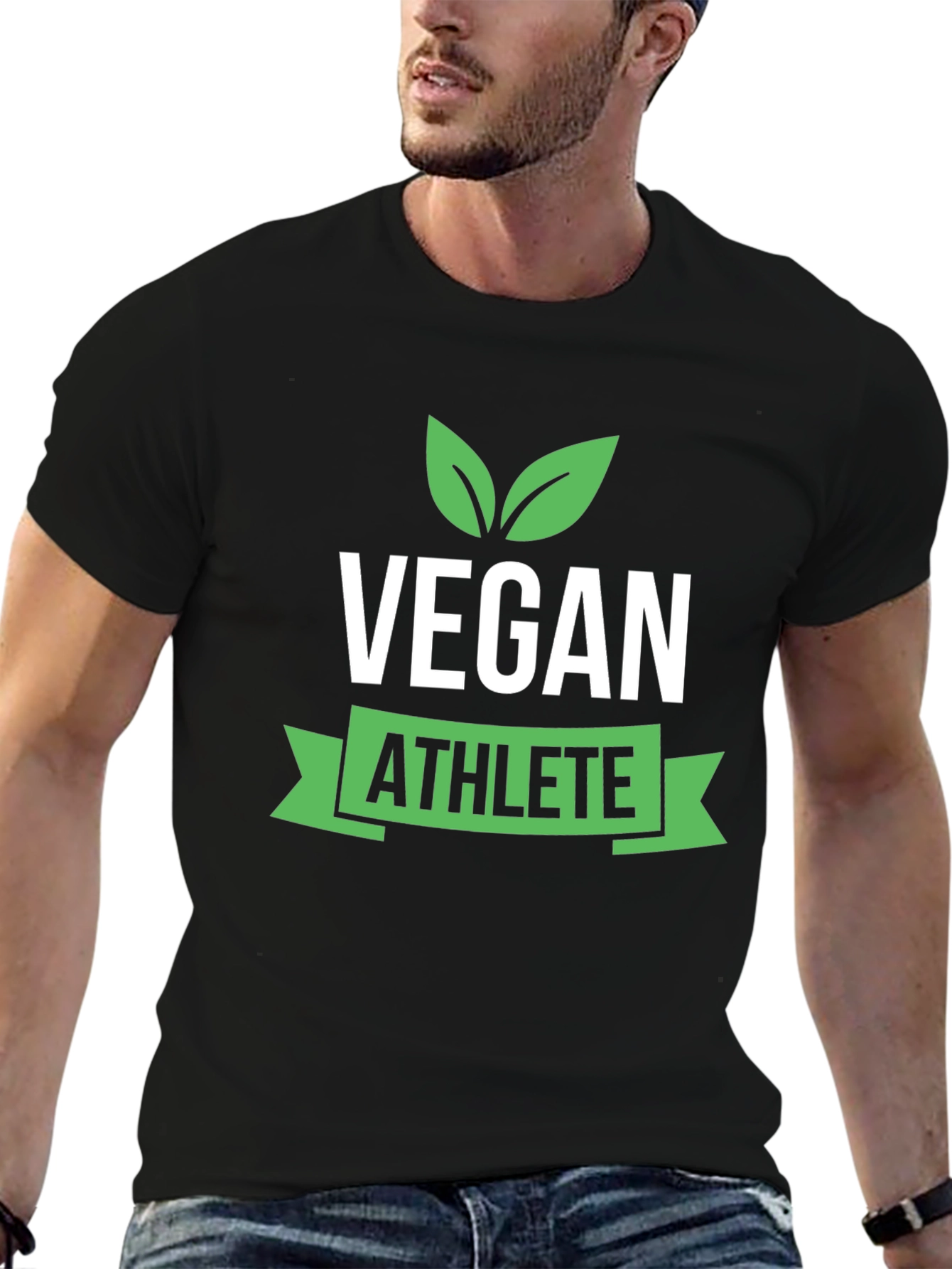 Vegan Athlete Black T-Shirt with Green Leaf Design