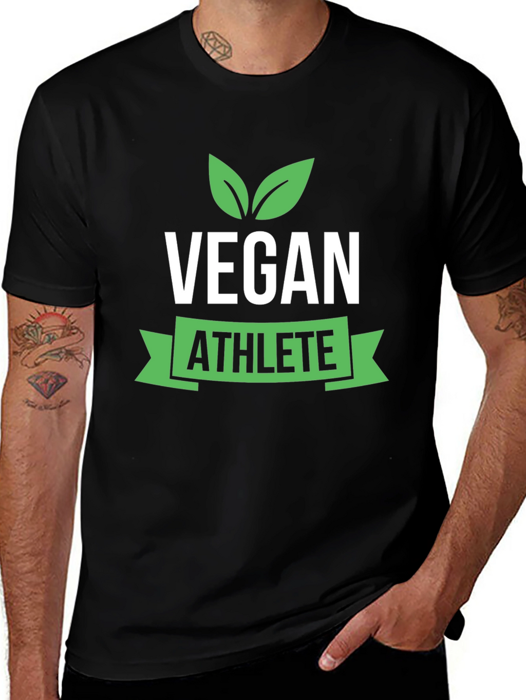 Vegan Athlete Black T-Shirt with Green Leaf Design