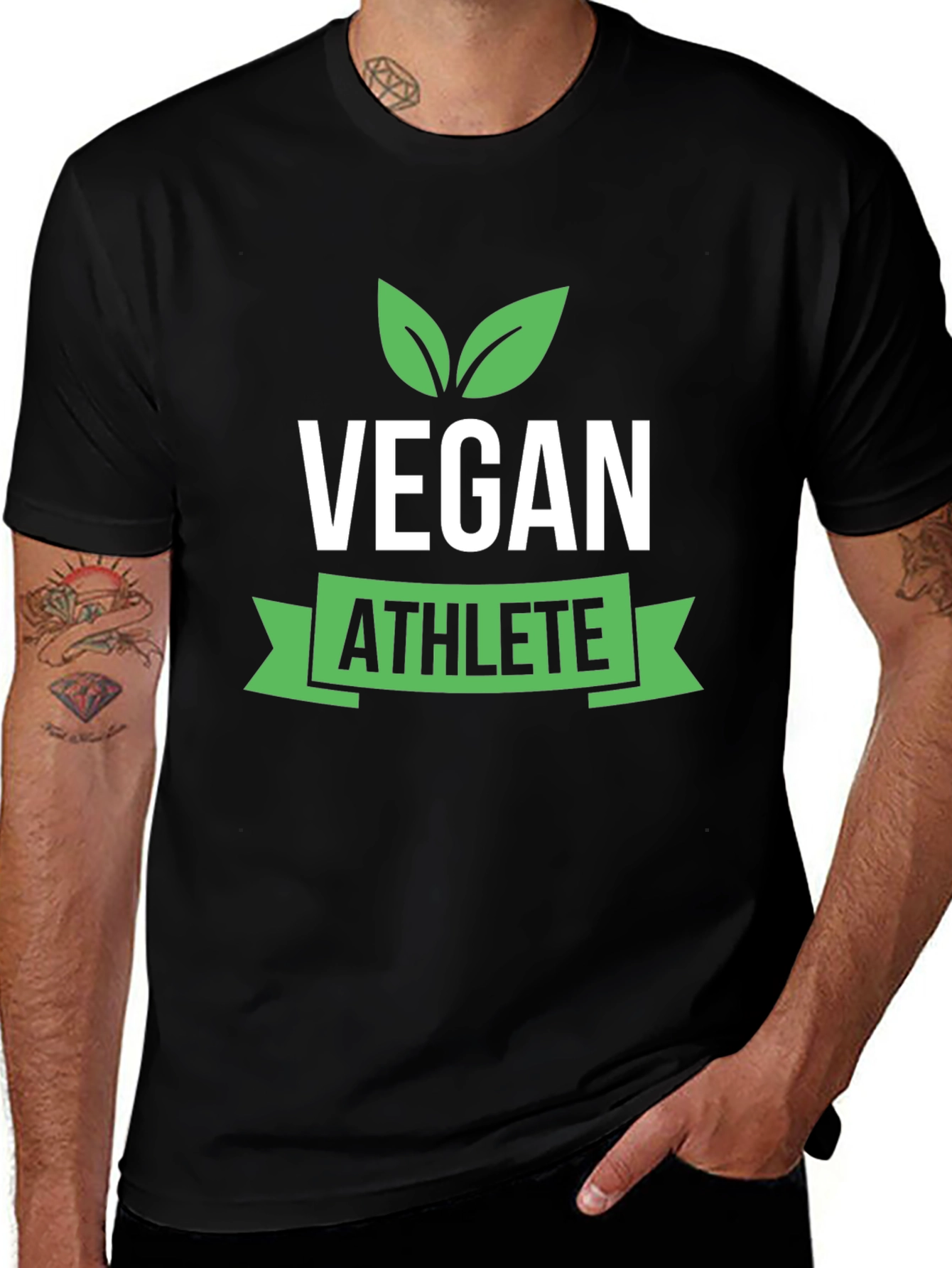 Vegan Athlete Black T-Shirt with Green Leaf Design