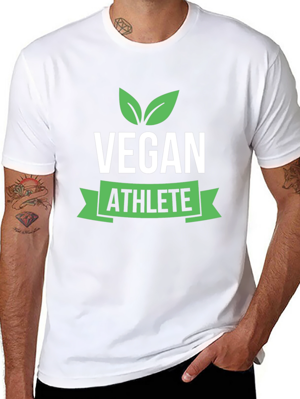 Vegan Athlete Black T-Shirt with Green Leaf Design
