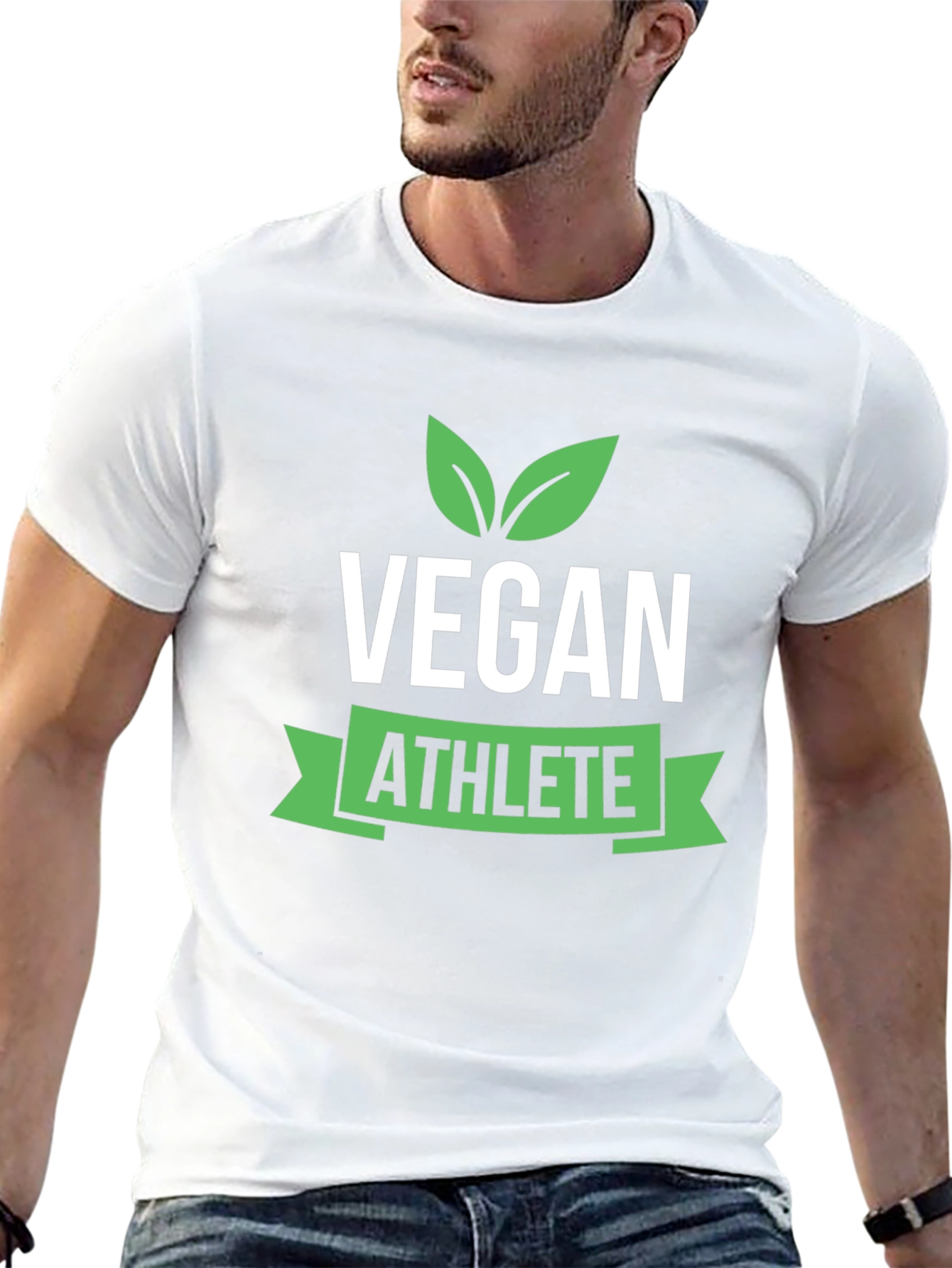 Vegan Athlete Black T-Shirt with Green Leaf Design