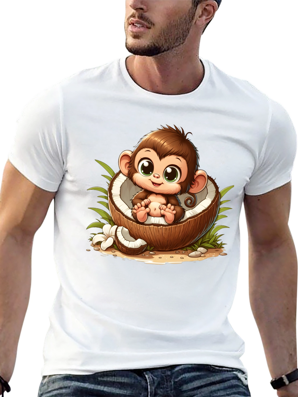 Cute Monkey in Coconut Black T-Shirt