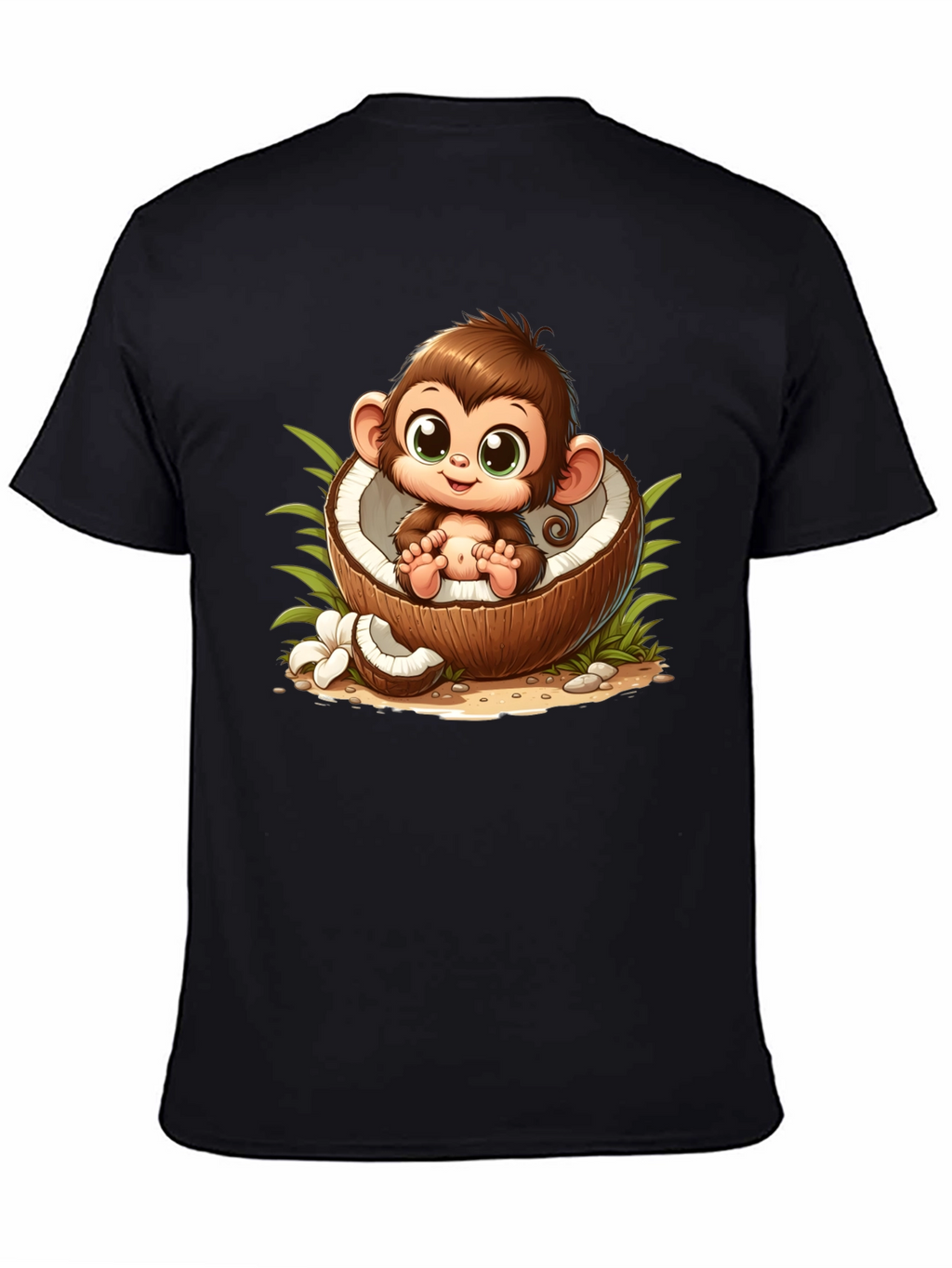 Cute Monkey in Coconut Black T-Shirt
