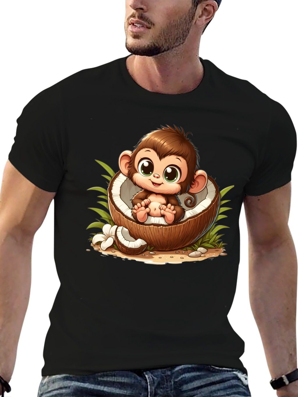 Cute Monkey in Coconut Black T-Shirt