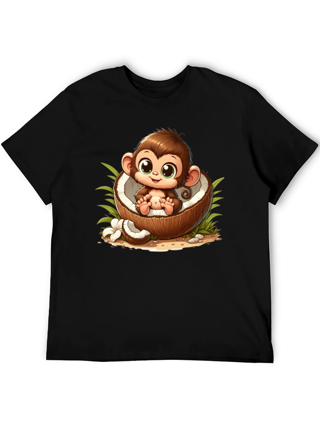 Cute Monkey in Coconut Black T-Shirt