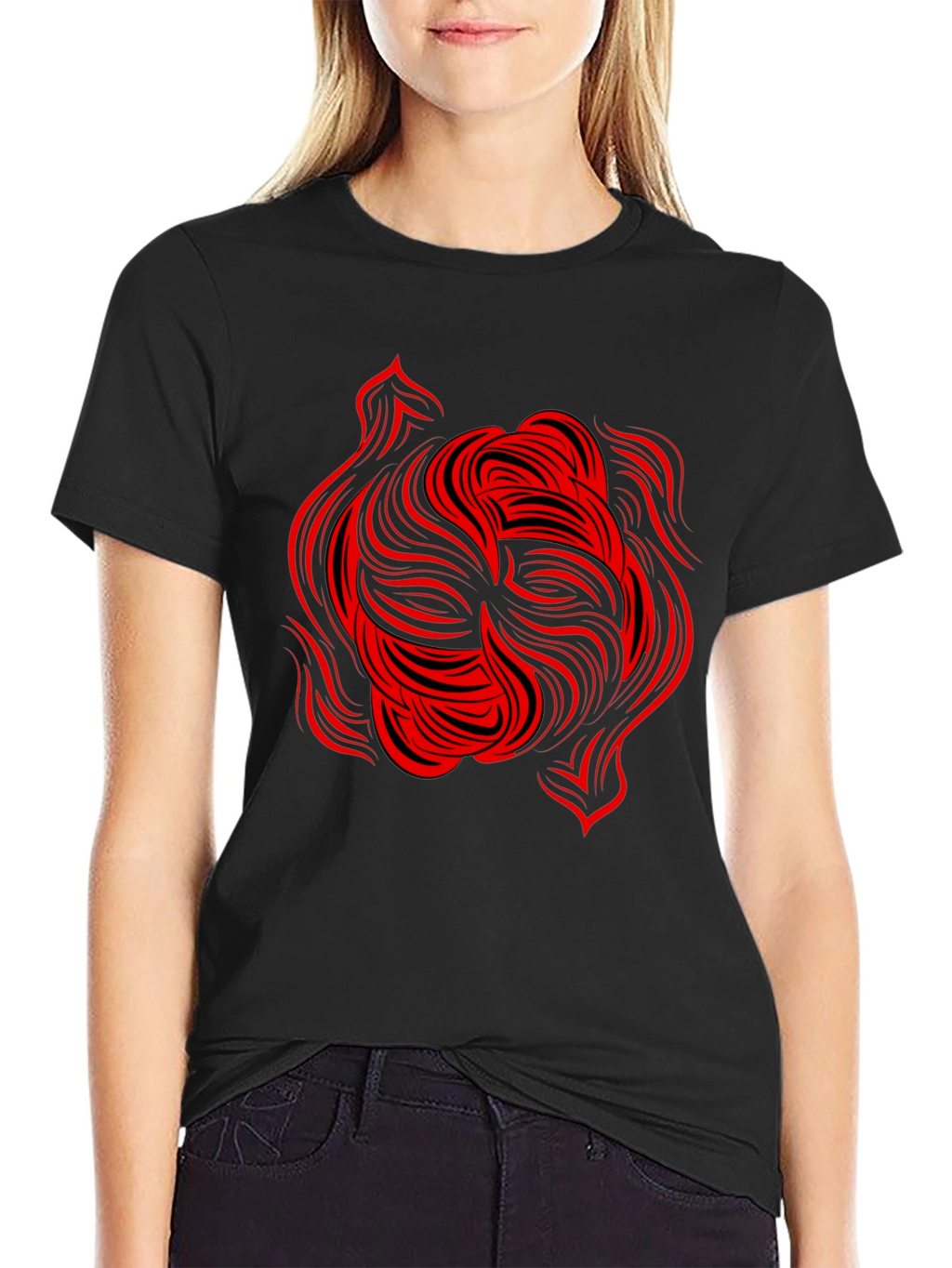 Abstract Red Swirl Graphic Tee - Black