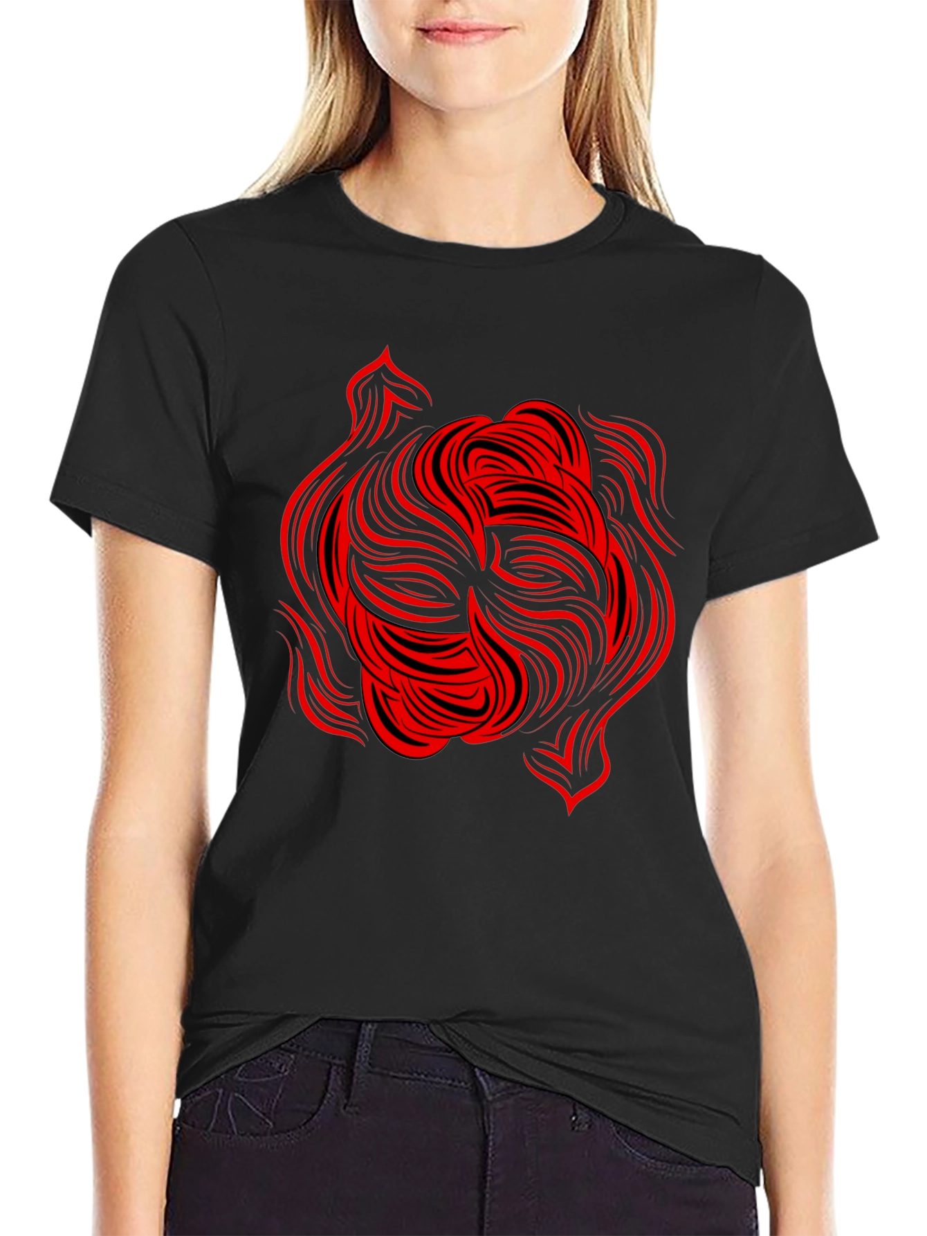 Abstract Red Swirl Graphic Tee - Black