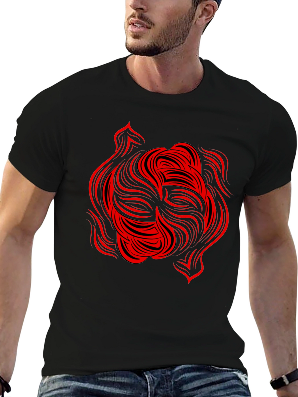 Abstract Red Swirl Graphic Tee - Black