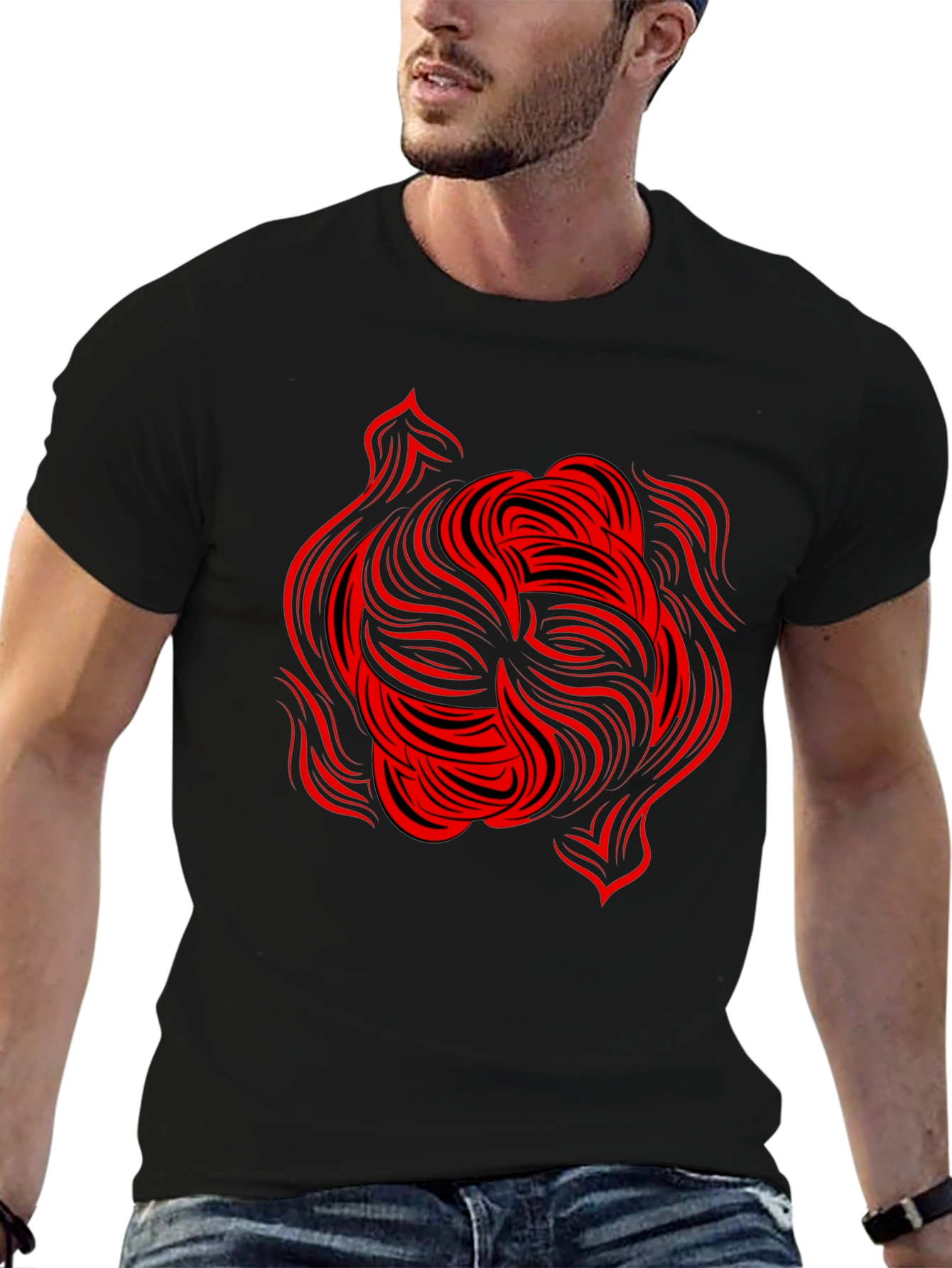 Abstract Red Swirl Graphic Tee - Black