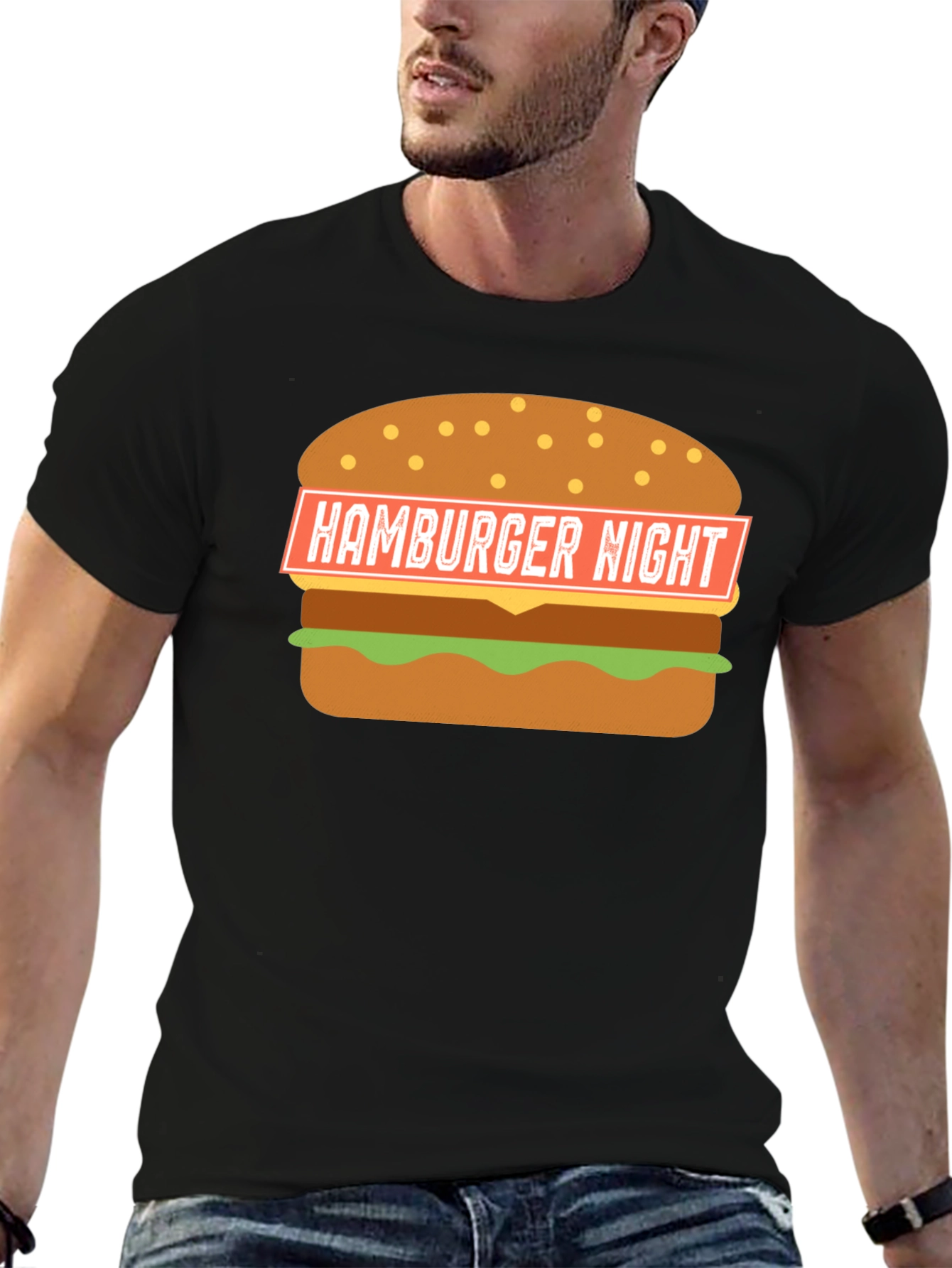 Hamburger Night Graphic T-Shirt - Black Fun Design