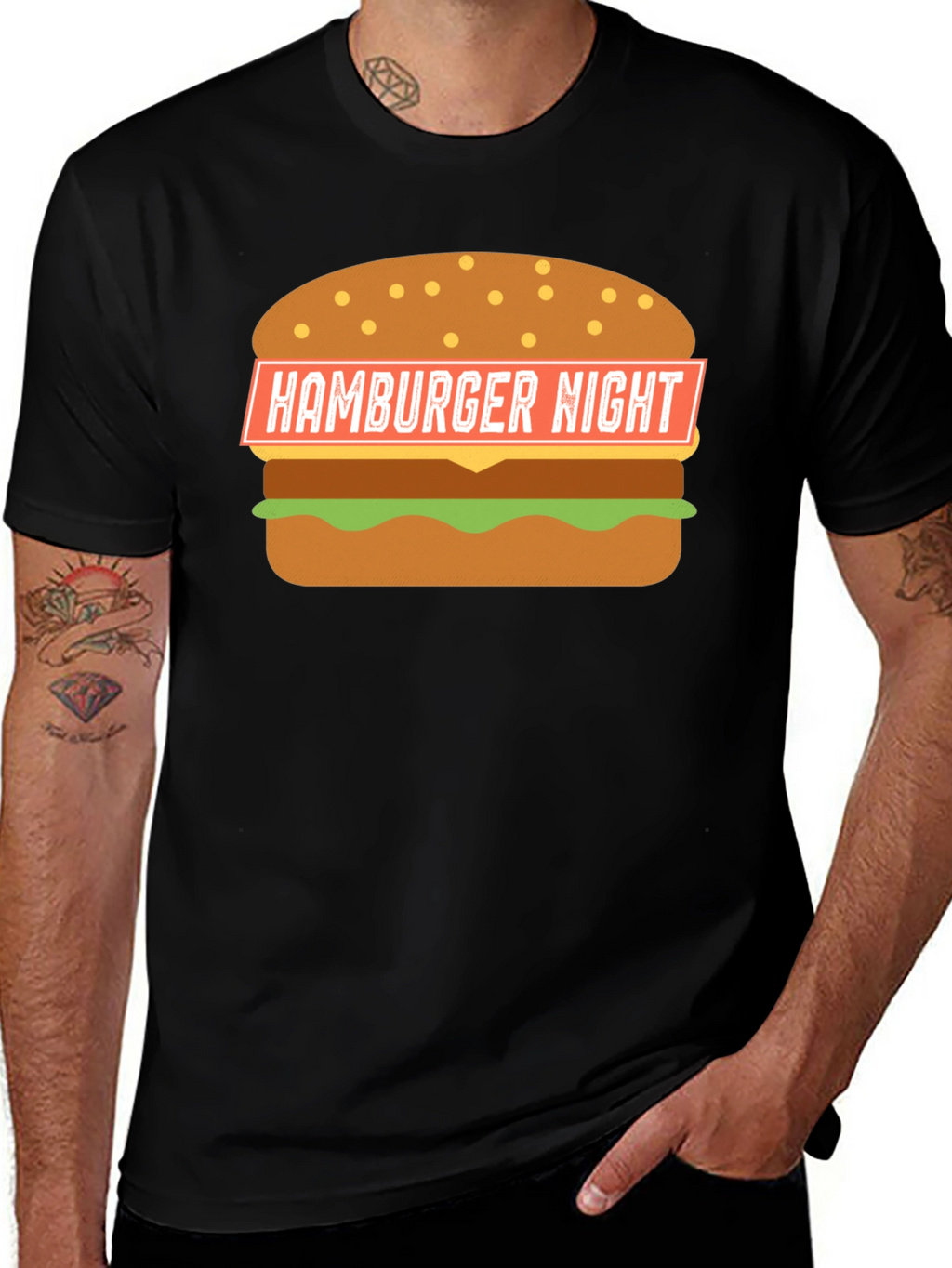 Hamburger Night Graphic T-Shirt - Black Fun Design