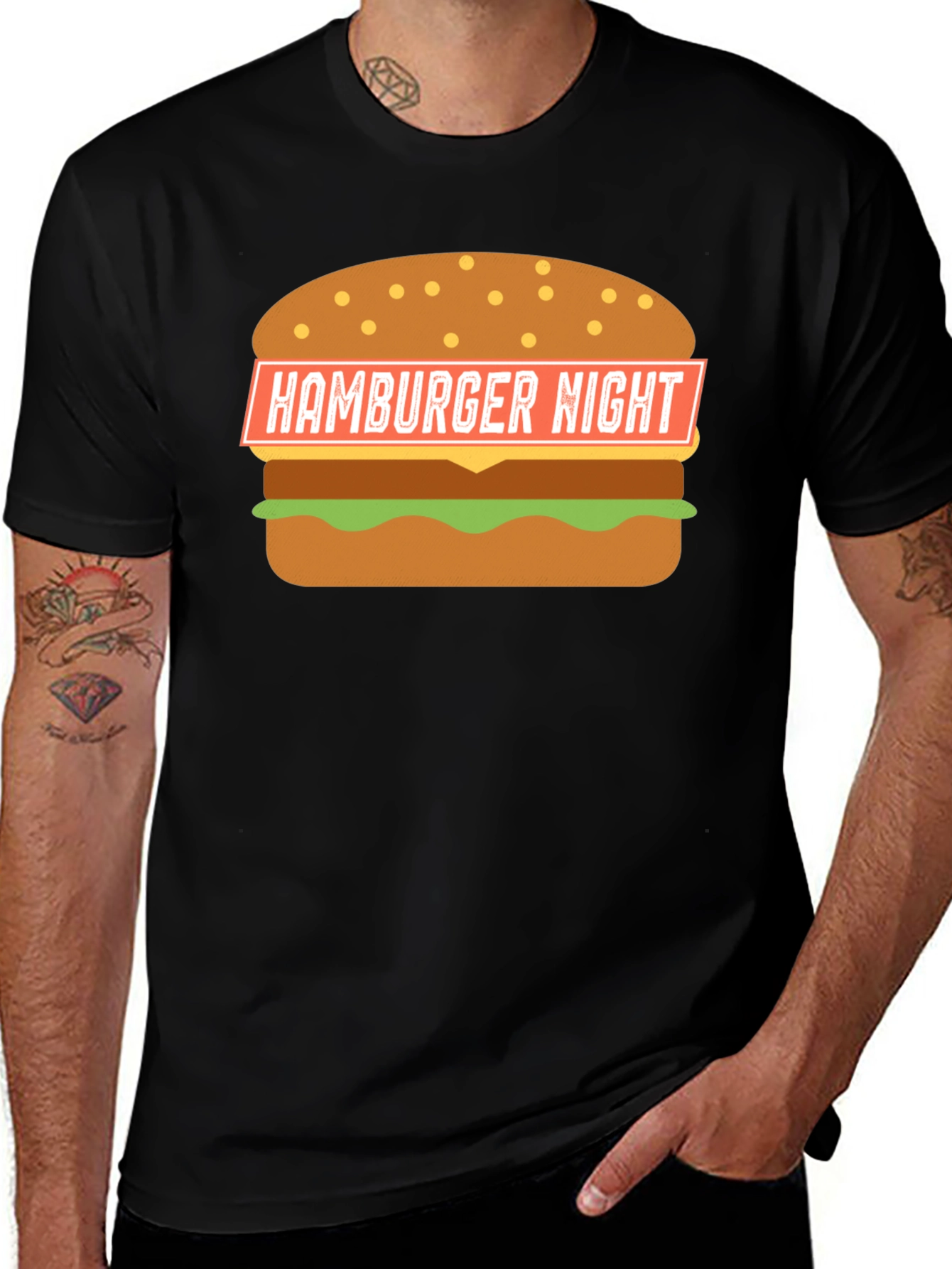 Hamburger Night Graphic T-Shirt - Black Fun Design
