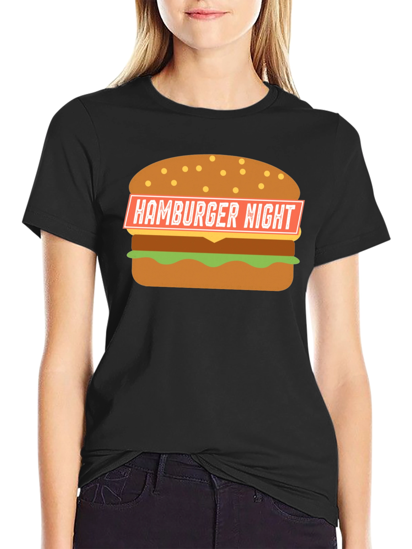Hamburger Night Graphic T-Shirt - Black Fun Design