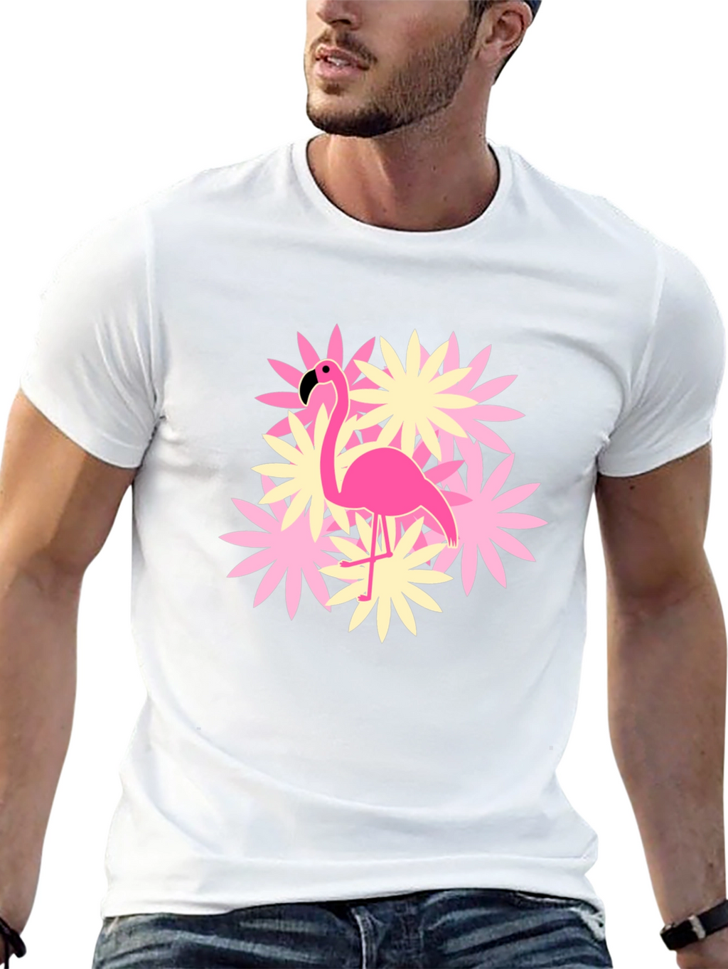Flamingo Flower Graphic T-Shirt - Black