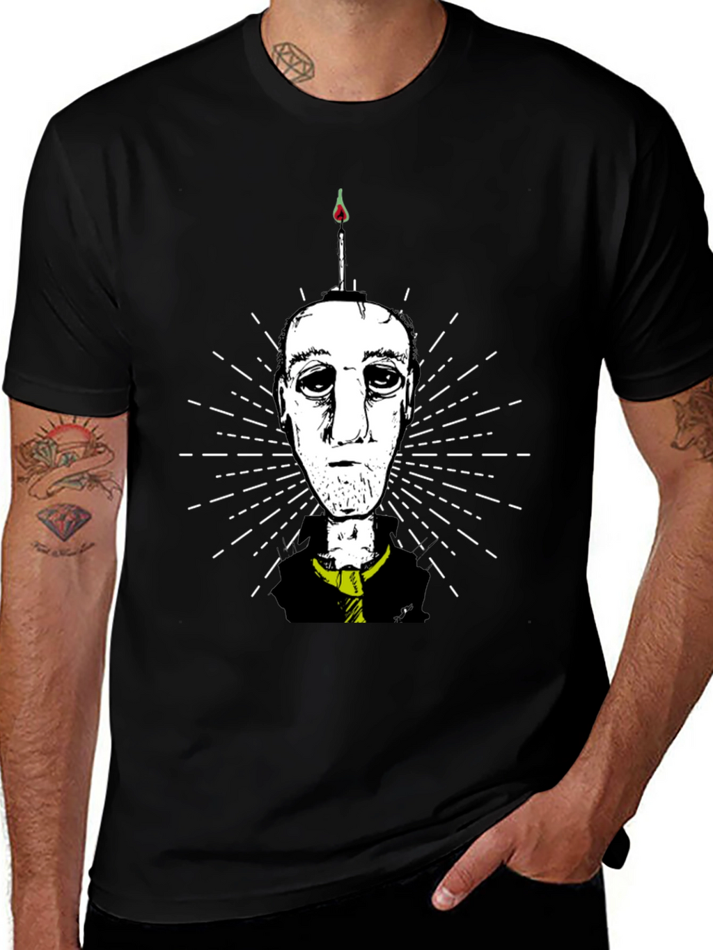 Unique Graphic Tee: Candle Head Man Design