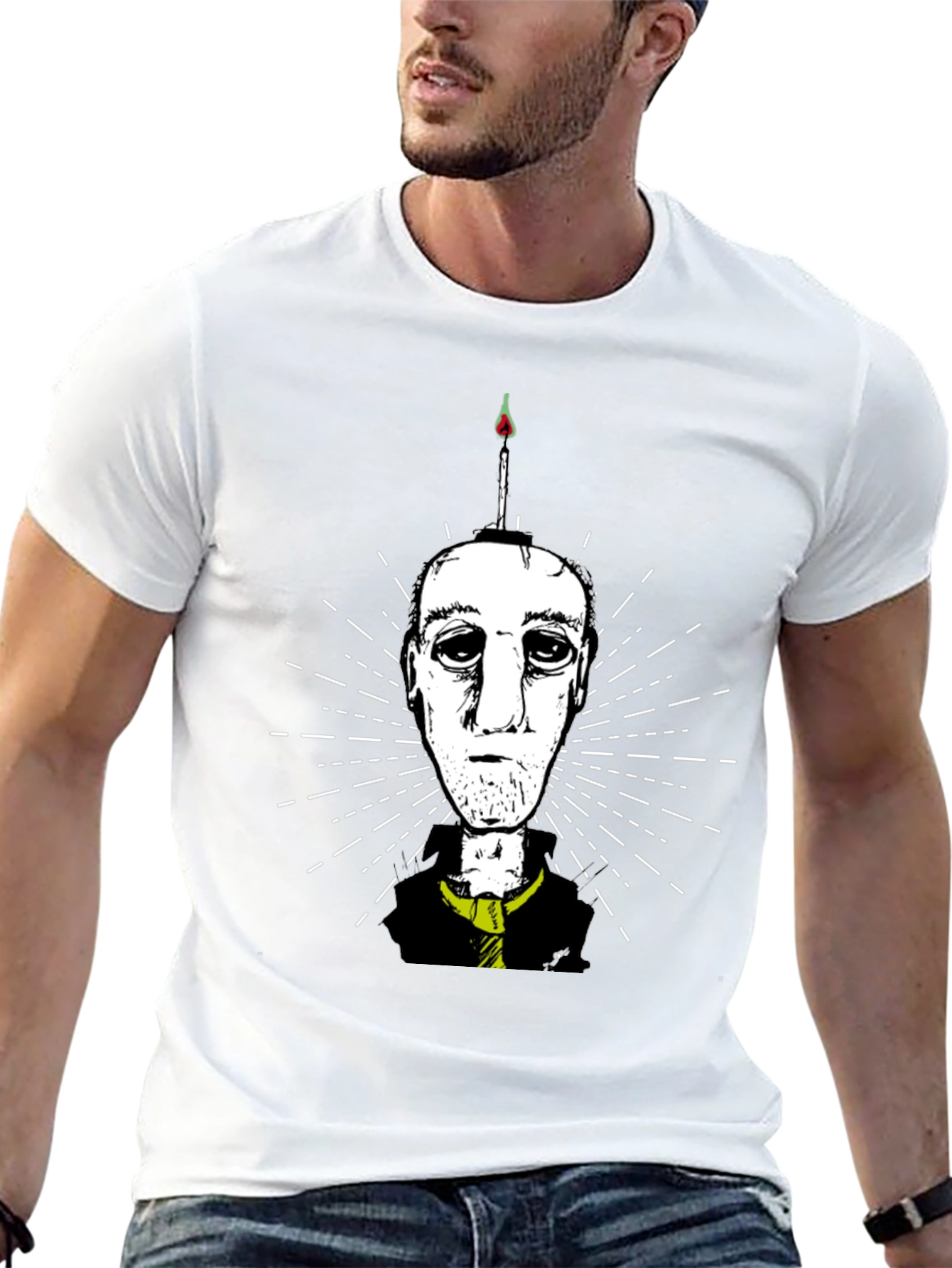 Unique Graphic Tee: Candle Head Man Design