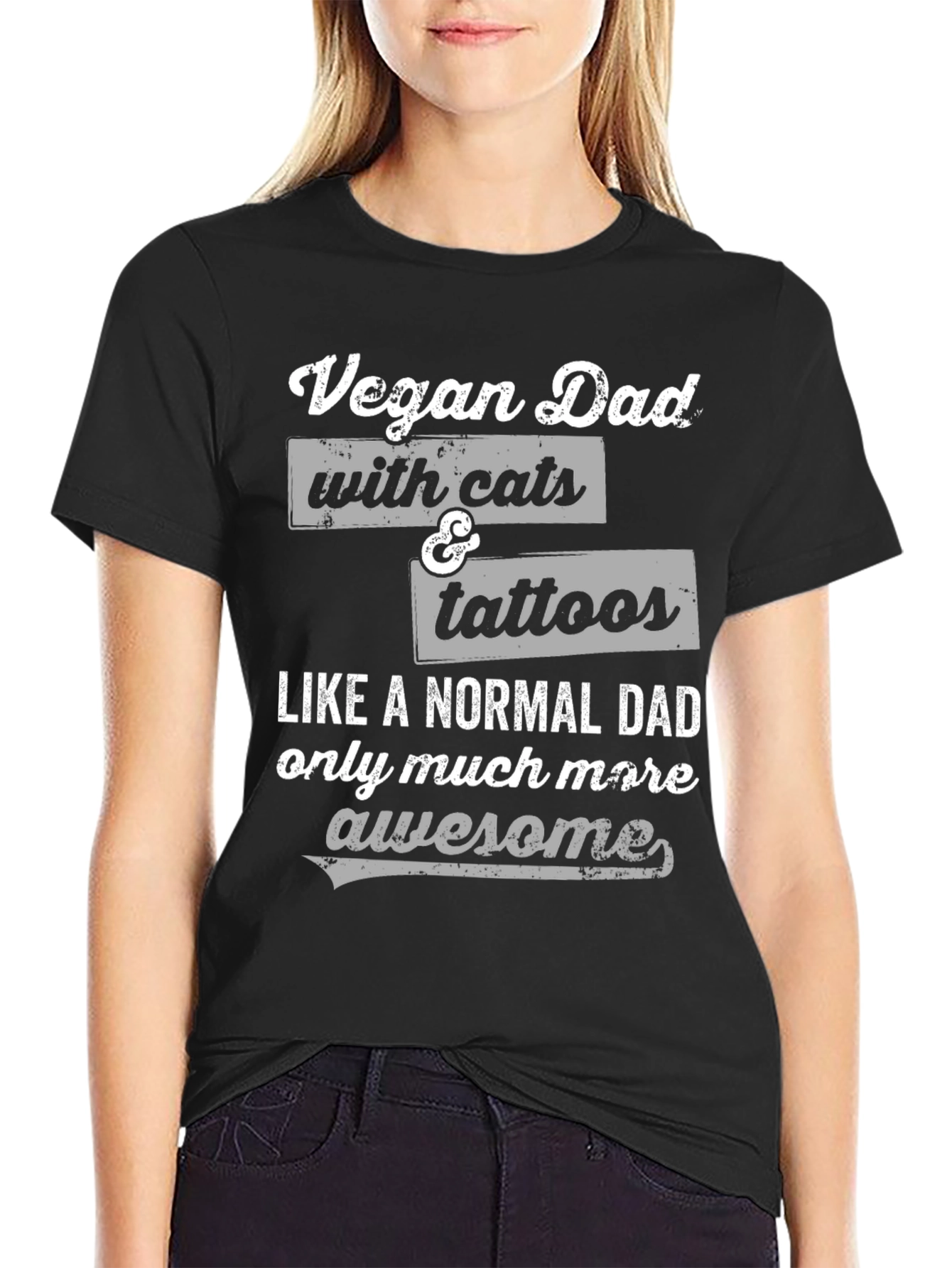 Vegan Dad with Cats & Tattoos Funny Graphic T-Shirt