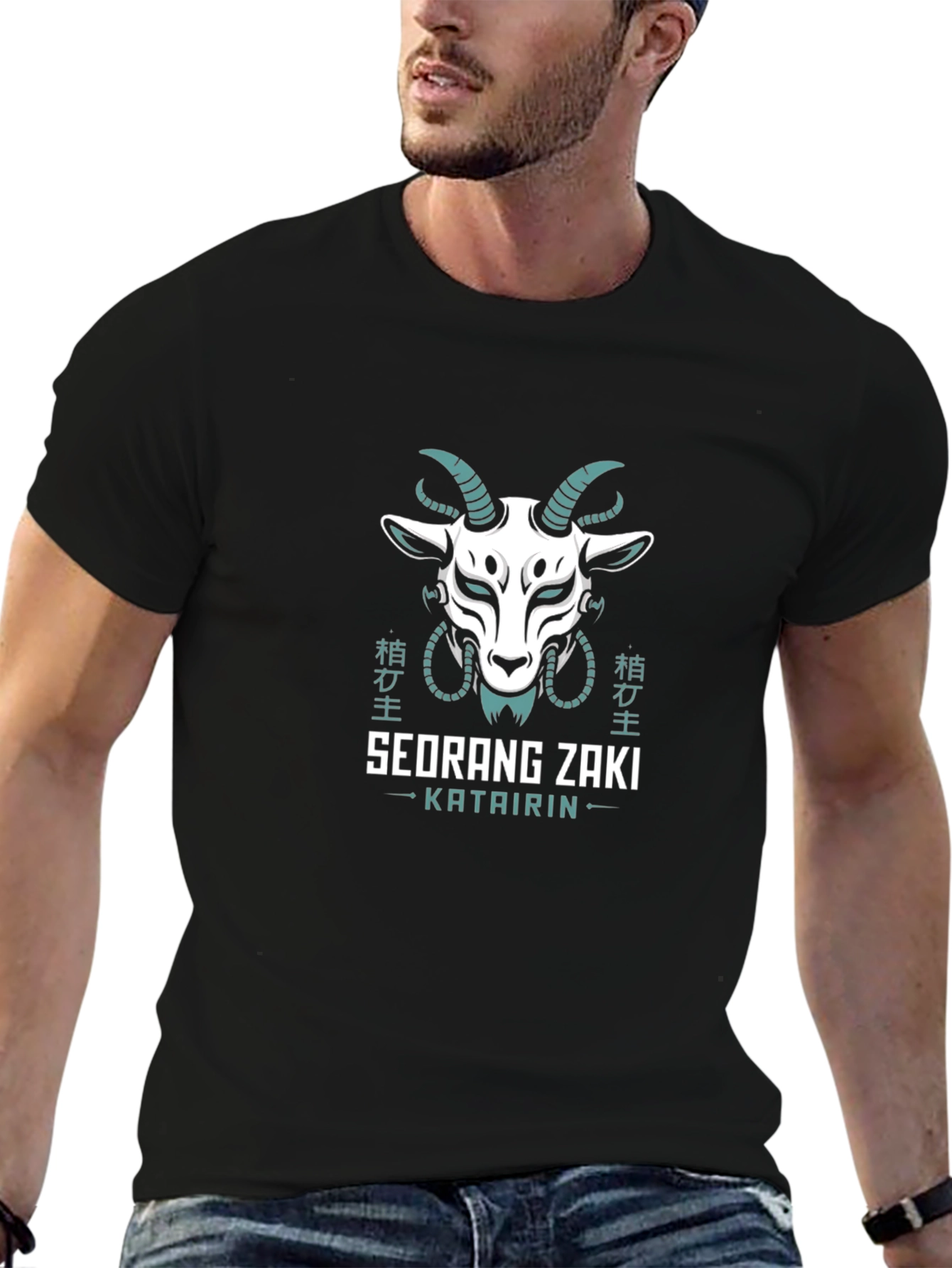 Mens Black Graphic Tee - Goat Mask Design
